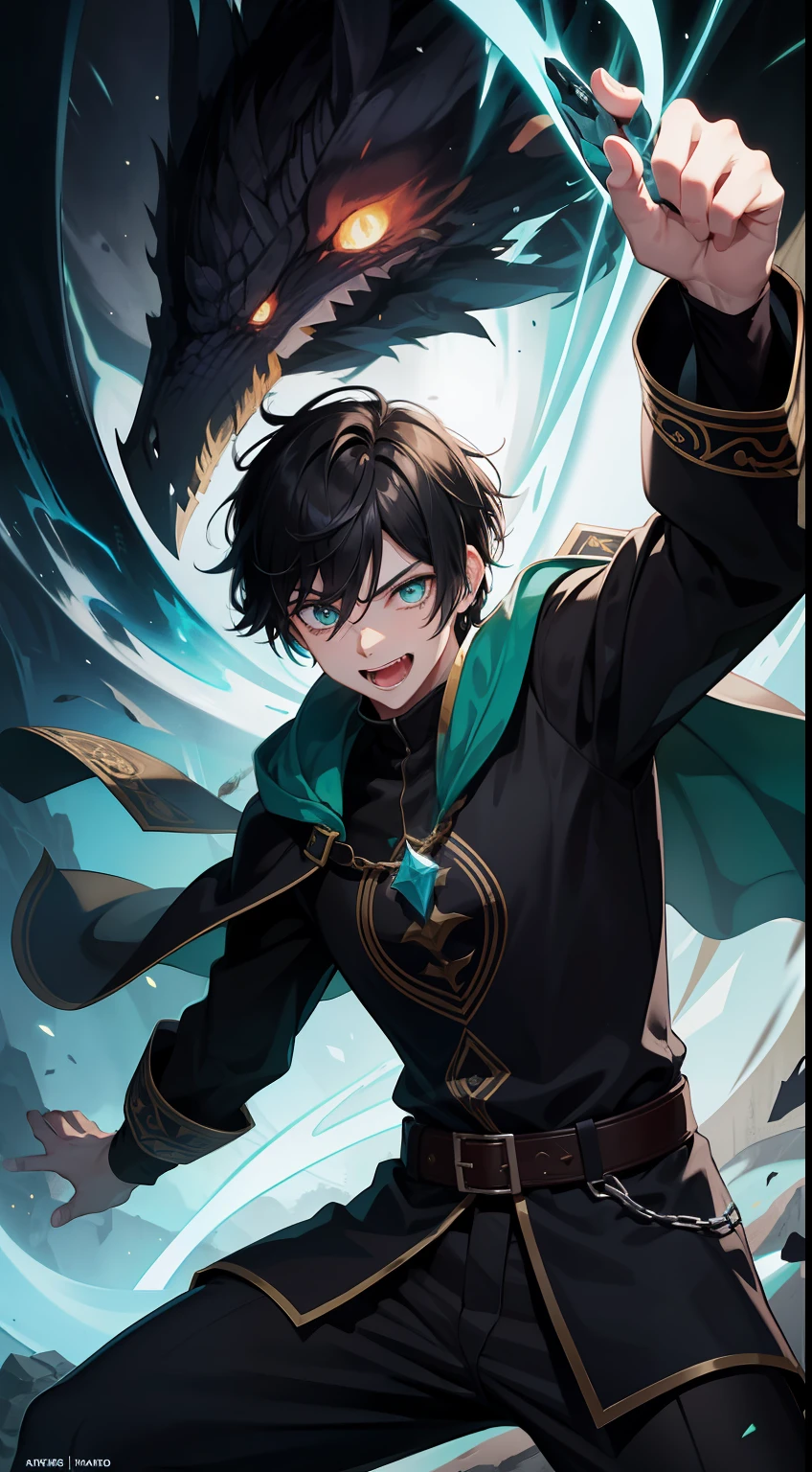 Young guy, short black hair, Cyan eyes, The Dark Wizard's Uncovered Mantle, green fire, Tatoo, Runes, combat stance, Crazy laughter, Masterpiece, hiquality