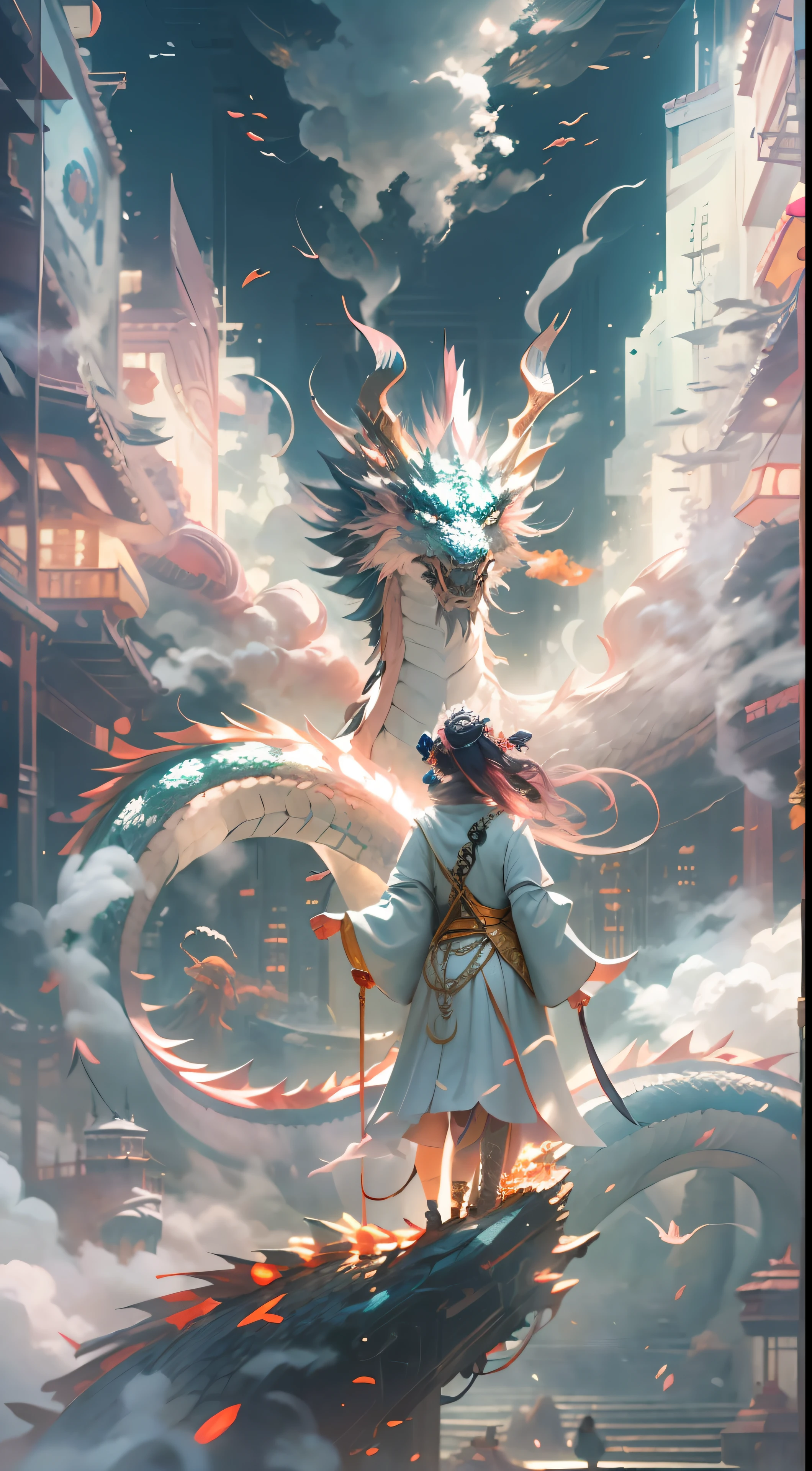 The Chinese White Divine Dragon soared into the air，（Girl manipulates dragons：1.3），（The girl has her back to the camera：1.3），Sky clouds surround the surroundings，Light magic，Fantastic background，Meaning background，Ridiculous background，There are artistic overlays，multicolored hair, surrealism, Cinematic lighting, Ray tracing, god light, speed-line, angle of view, hyper HD, Masterpiece, Best quality, Super detail, detailed faces, A high resolution, High quality，（Far view：1.3）