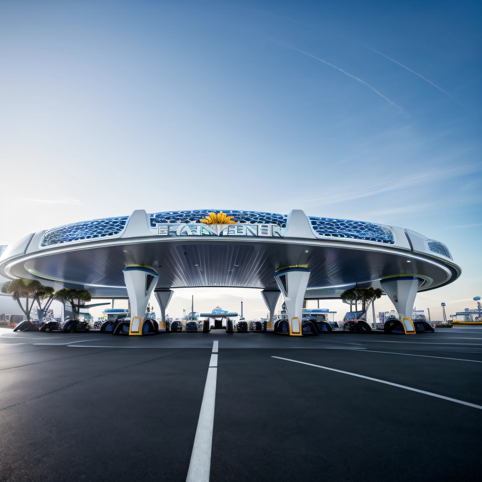 ((Masterpiece, Best quality)), 8K,gasstation，Canopy，pillar， modern architectural style, The color is bright，Space elements，epcot，photographrealistic, hyperedetailed photo, Clean skies, Lots of cars，lots of people，The atmosphere is lively，城市, cyber punk perssonage
