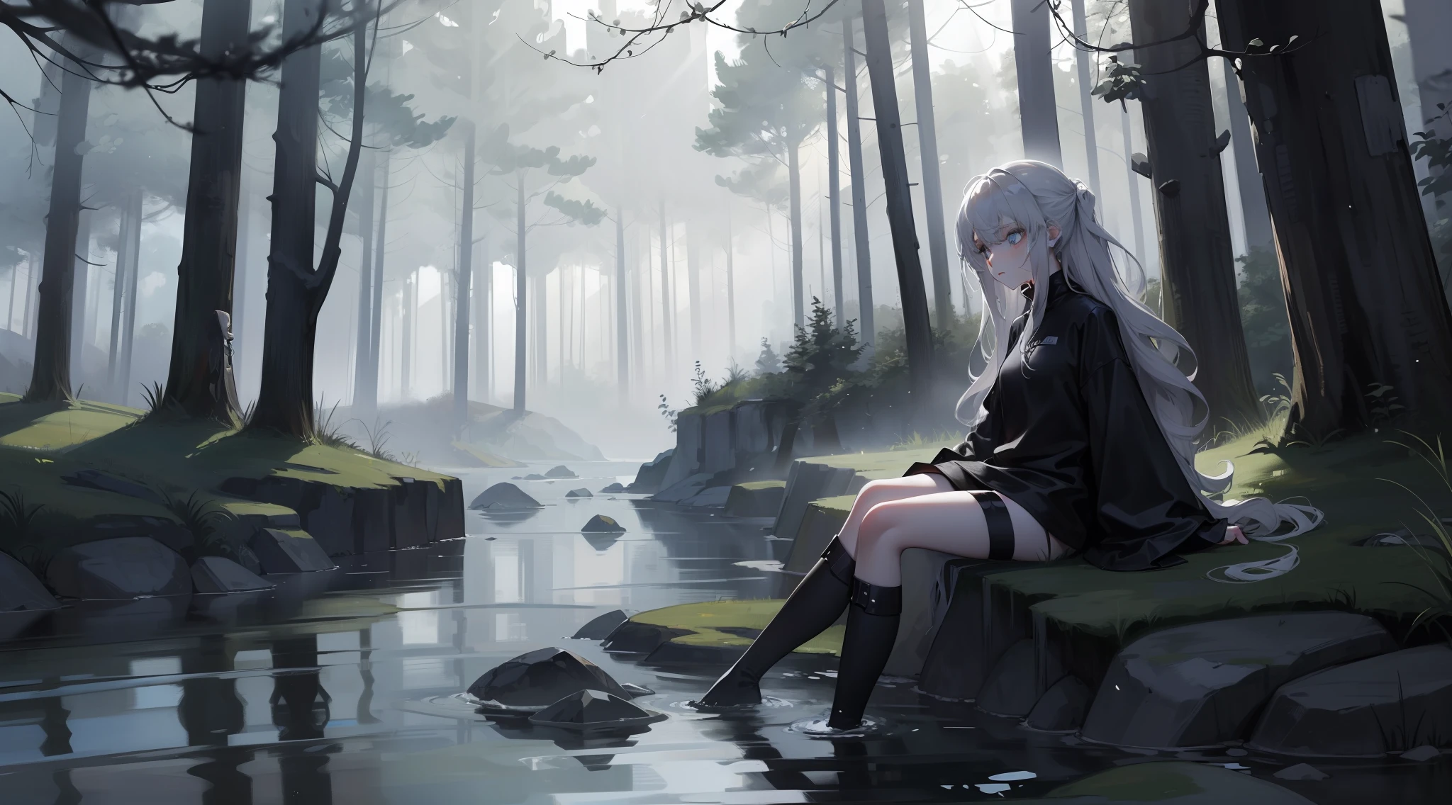 Girl has white long wavy hair flowing in the air while she's sitting on a rock in a river looking sad, she wears black turtleneck. a DARK ATMOSPHERE. Depressed river FULL OF TREES, gloomy atmosphere, fix the face, draw the sad face