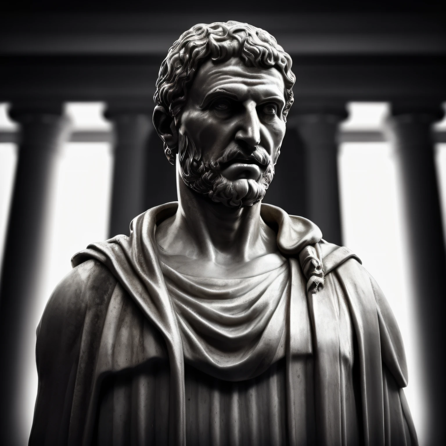 Seneca, close-up of a classic wise greek philosopher, statue in a temple, stoic posture, greek god, wisdom, cinematic feel, black and white, ultra realistic, ultra detailed and handcrafted in every aspect, dark