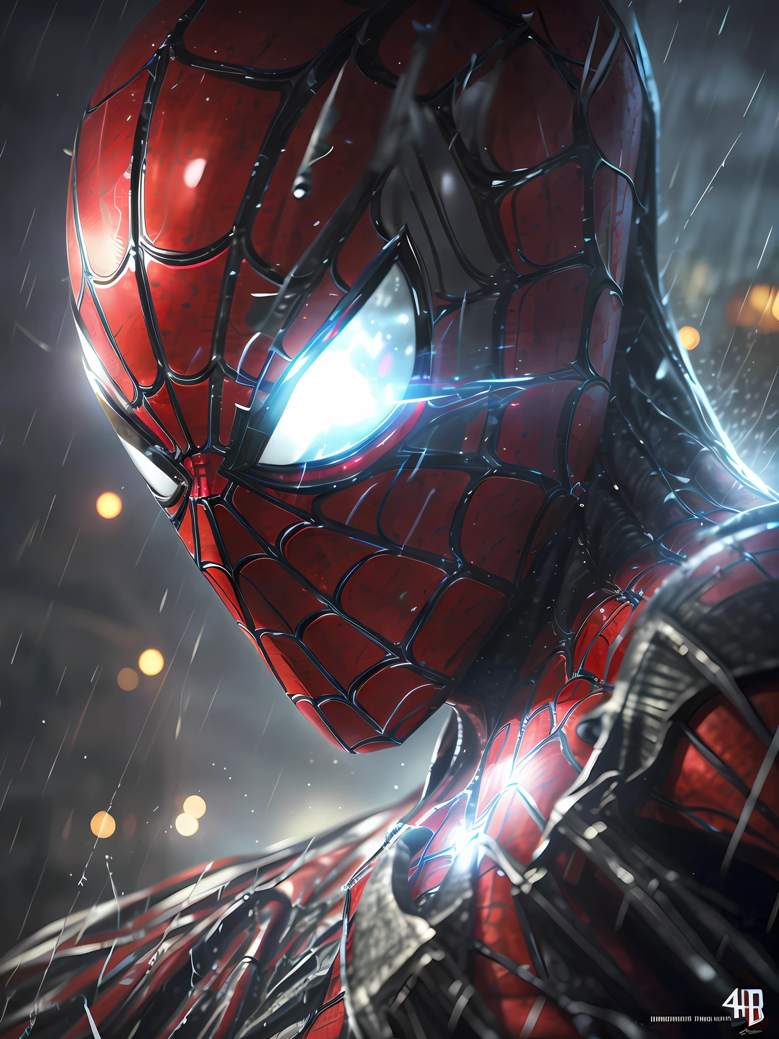 spider - man in the rain with a flashlight shining on his face, 4k highly detailed digital art, highly detailed spider - man, 4k concept art and hyper realism, portrait of spiderman, 4k high res, highly detailed 4 k art, 4k detailed digital art, 4k concept art, 4 k concept art, hq 4k wallpaper