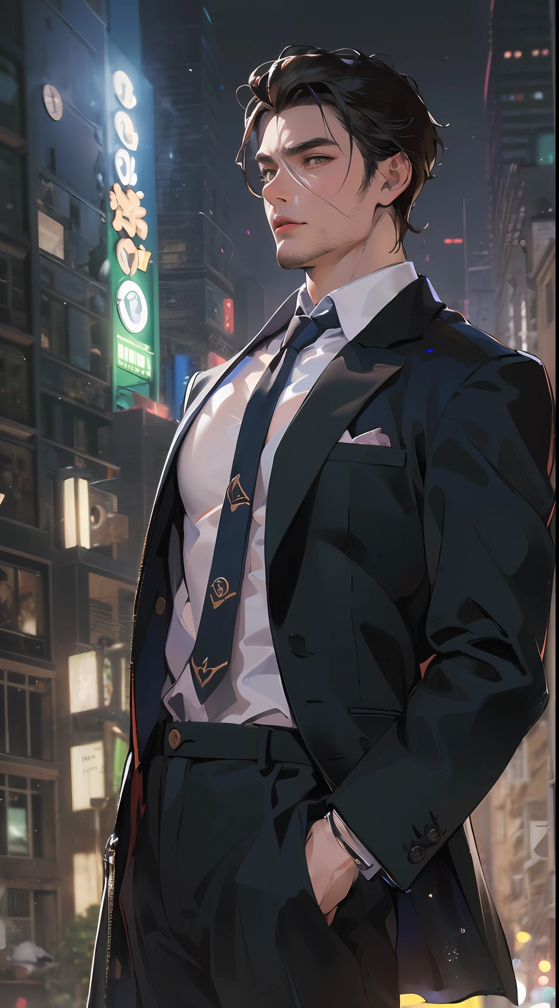 (absurdres, highres, ultra detailed, realistic, ), 1 male, solo, adult, mature, tall muscular guy, broad shoulders, handsome, very short hair, black hair, brown eyes, angular jaw, thick neck, thick eyebrows, night, dark, the night view of the city background, formal suit, necktie, upper body