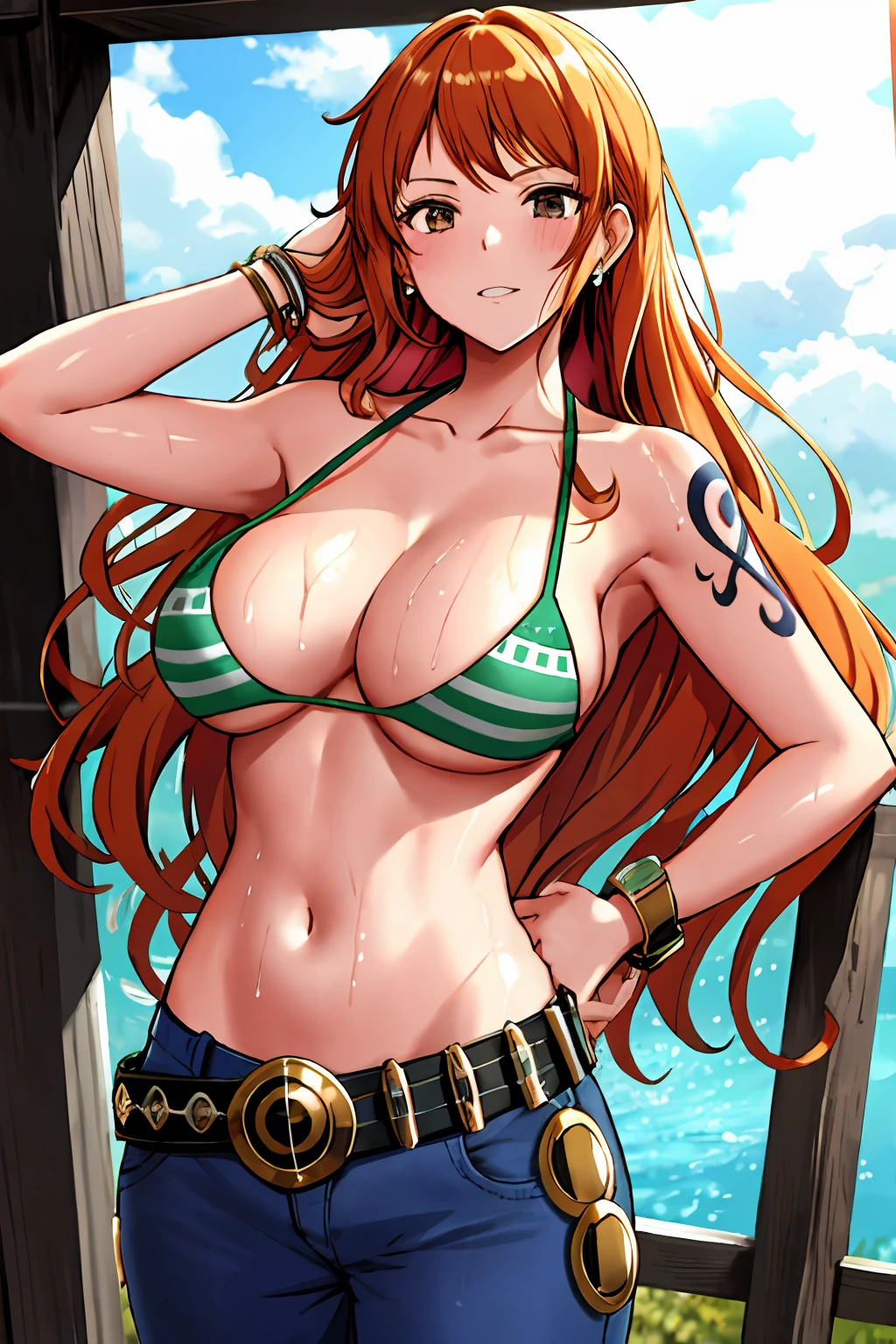 detailed background, masterpiece, 4k, best quality, late youth, adult, wrestler body, 1girl, active, energic, uppercut, (large mouth) , solo, nami \(one piece\), 1girl, bangle, (very wet, drenched in sweat, sweat all over body, very wet hair, tired, taking breath, open mouth, hand on stomach, sweaty face, sweaty body, panting, sweating too much, shiny sweat, sweat stains, leaning, tilting), perfect detailed face, bold drawing lines, muscular arms, detailed bold arm lines, flat jaw, adult woman, wavy wide streaked bangs, floating bang streaks, (big cheeks), bare shoulders, off-shoulders, belt, bikini, bikini top only, blue sky, bracelet, springy breasts, breast lines, big round eyes, plain big brown shiny eyes, bubbles, high eye position, cleavage, cloud, day, denim, earrings, floating hair, shiny hair, green belt, green bikini, bold groin lines, jeans, jewelry, large breasts, log pose, long hair, looking at viewer, navel, wet hair, orange hair, pants, shoulder tattoo, sidelocks, sky, solo, standing, stomach, swimsuit, tattoo , looking at viewer, open mouth, detailed left arm, big forehead, hourglass figure, small head, toned body, wide hair, wind effect, sun effect, under the sun, narrow small ears angle, older, random poses,