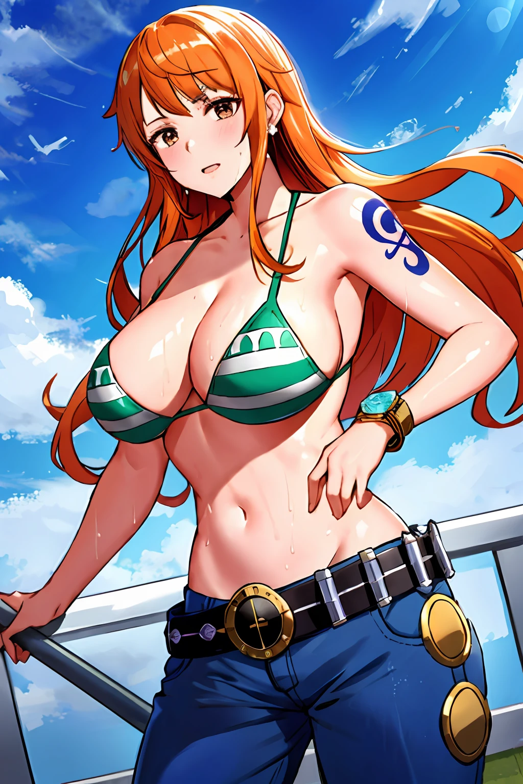detailed background, masterpiece, 4k, best quality, late youth, adult, wrestler body, 1girl, active, energic, uppercut, (large mouth) , solo, nami \(one piece\), 1girl, bangle, (very wet, drenched in sweat, sweat all over body, very wet hair, tired, taking breath, open mouth, hand on stomach, sweaty face, sweaty body, panting, sweating too much, shiny sweat, sweat stains, leaning, tilting), perfect detailed face, bold drawing lines, muscular arms, detailed bold arm lines, flat jaw, adult woman, wavy wide streaked bangs, floating bang streaks, (big cheeks), bare shoulders, off-shoulders, belt, bikini, bikini top only, blue sky, bracelet, springy breasts, breast lines, big round eyes, plain big brown shiny eyes, bubbles, high eye position, cleavage, cloud, day, denim, earrings, floating hair, shiny hair, green belt, green bikini, bold groin lines, jeans, jewelry, large breasts, log pose, long hair, looking at viewer, navel, wet hair, orange hair, pants, shoulder tattoo, sidelocks, sky, solo, standing, stomach, swimsuit, tattoo , looking at viewer, open mouth, detailed left arm, big forehead, hourglass figure, small head, toned body, wide hair, wind effect, sun effect, under the sun, narrow small ears angle, older, random poses,