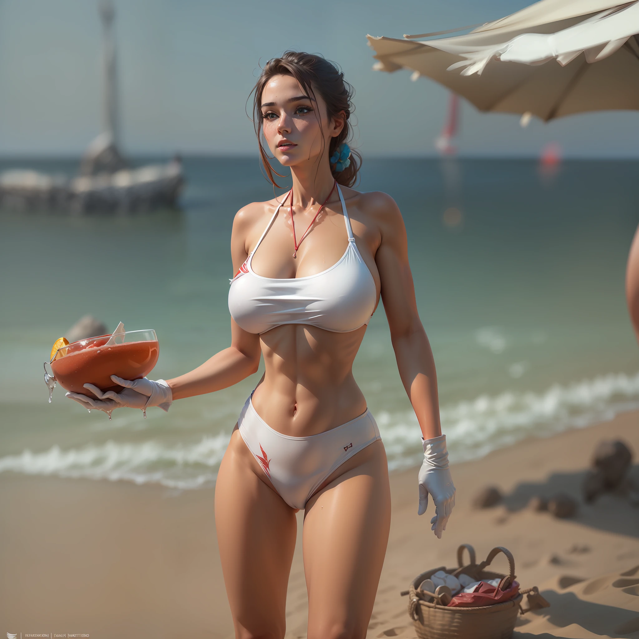 (( 1 woman )),(beach), Realistic, Best Quality, (((red bikini))))), (big breasts: 1.7), ((water)), dynamic lighting, intricately , volumetric lighting, trending on Artstation, warm colors, ambient occlusion, 8K resolution, depth of field, ((Unreal Engine 5: 1.2)), ((master piece: 1.6)), (((perfect anatomy: 1.7))), ((detailed face: 1.7)), (((wearing white gloves)))