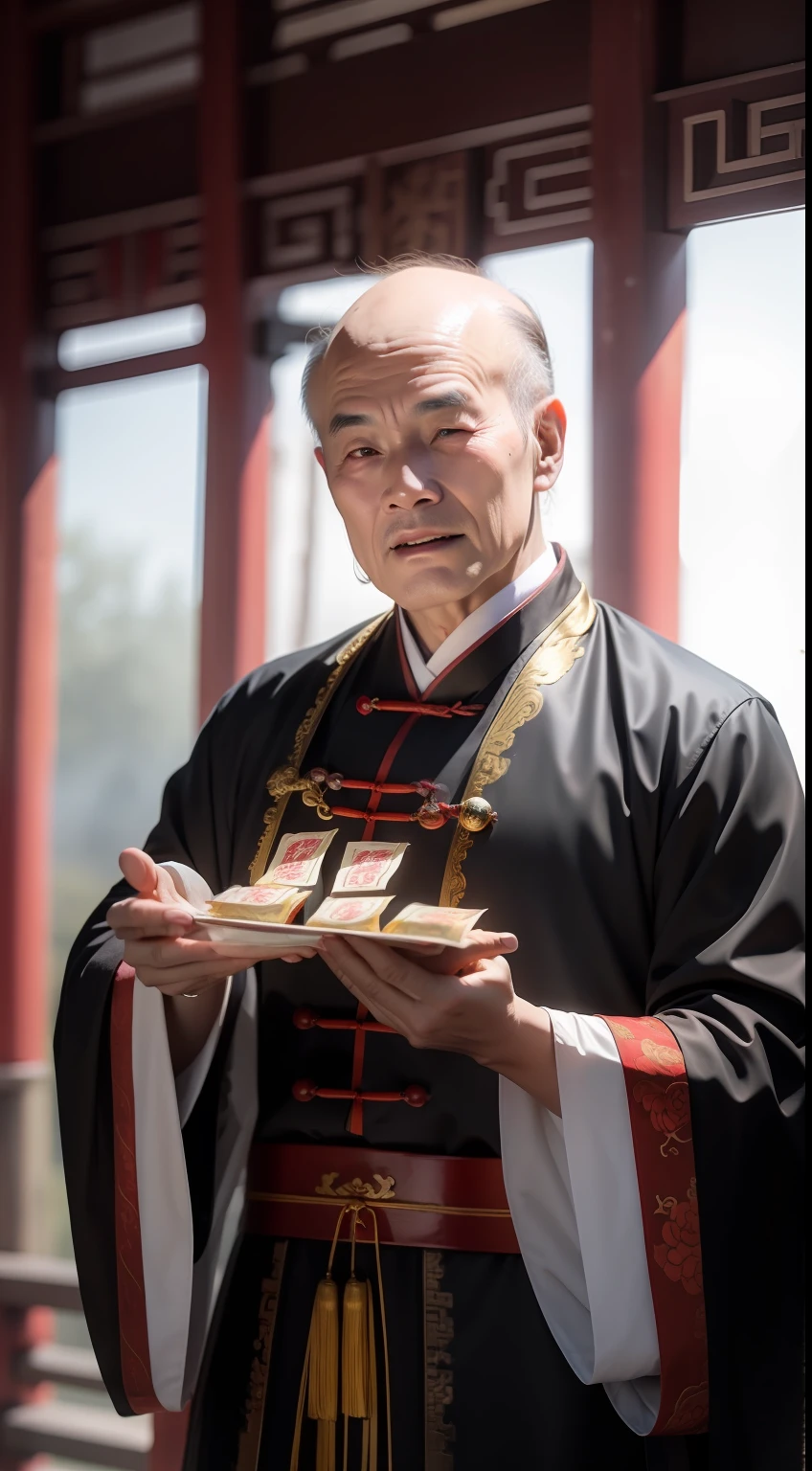 Han Chinese,A balding old man wearing a traditional Chinese cassock,Holding a handful of gold ingots,red colour,jubilation,a cassock,Temple,k hd,真实感,超高分辨率,Prayer beads,fortune,fortune,Wishing you prosperity,red envelopes,money