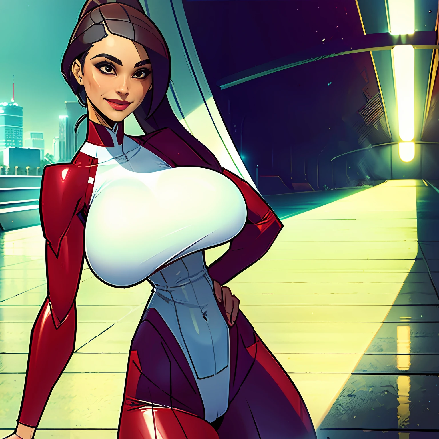 1girl, short busty petite brunette comic book woman, gorgeous face, masterpiece, beautiful, high quality, high definition, superb quality, highly detailed, insane detail, hands on hips, happy, smiling, sexy pose, hand on hip, long hair, huge ponytail, slim, thin, athletic, womanly, rubbery, elastic woman, (modest red spandex with white panels on sides, red and white morph suit, tight top), rubber body, brunette, (((large breasts, big boobs, slim waist, overflowing breasts, too big for her top))), city, soft lighting, natural lighting, natural color, heroic, cheerful, (bold nose, hawkish facial features),