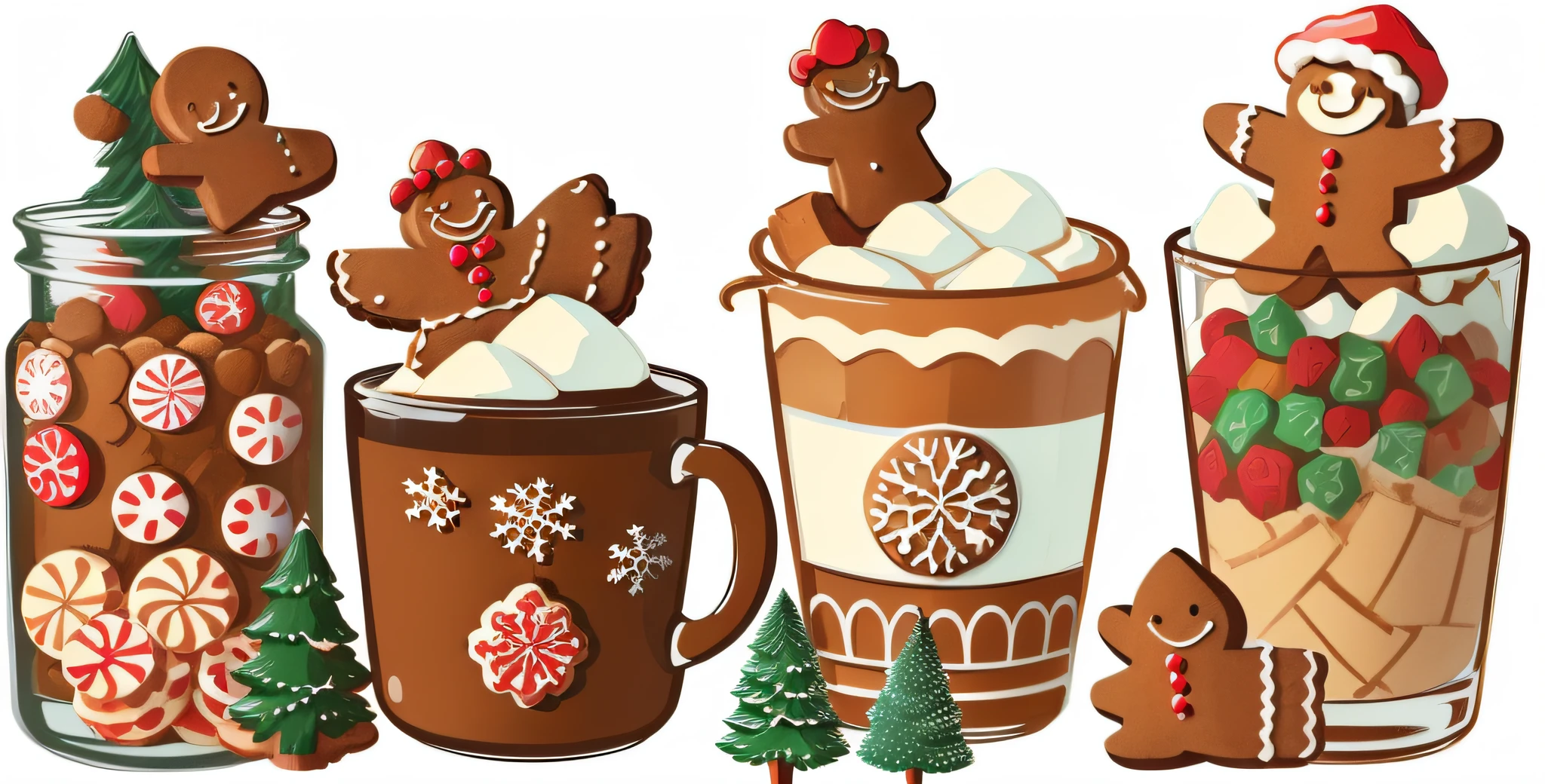 A close-up of a set of decorative cookies and drinks, Gingerbread Candy Village, delicacy, warm, 💋 💄 👠 👗, cheerfulness!!!, ❤🔥🍄🌪, promo image, seasons!! : 🌸 ☀ 🍂 ❄, Sweet, added detail, festivity, Gingerbread Man, medium detail, with a cup of hot chocolate, Edited, Cute,Vintage illustration,Retro,Graphic illustration,planar,Line art