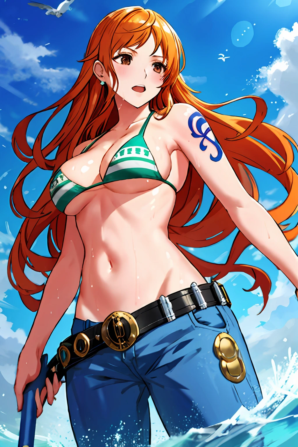 detailed background, masterpiece, 4k, best quality, late youth, adult, wrestler body, 1girl, active, energic, uppercut, (large mouth) , solo, nami \(one piece\), 1girl, bangle, (very wet, drenched in sweat, sweat all over body, very wet hair, tired, taking breath, open mouth, hand on stomach, sweaty face, sweaty body, panting, sweating too much, shiny sweat, sweat stains, leaning, tilting), perfect detailed face, bold drawing lines, muscular arms, detailed bold arm lines, flat jaw, adult woman, wavy wide streaked bangs, floating bang streaks, (big cheeks), bare shoulders, off-shoulders, belt, bikini, bikini top only, blue sky, bracelet, springy breasts, breast lines, big round eyes, plain big brown shiny eyes, bubbles, high eye position, cleavage, cloud, day, denim, earrings, floating hair, shiny hair, green belt, green bikini, bold groin lines, jeans, jewelry, large breasts, log pose, long hair, looking at viewer, navel, wet hair, orange hair, pants, shoulder tattoo, sidelocks, sky, solo, standing, stomach, swimsuit, tattoo , looking at viewer, open mouth, detailed left arm, big forehead, hourglass figure, small head, toned body, wide hair, wind effect, sun effect, under the sun, narrow small ears angle, older, random poses,