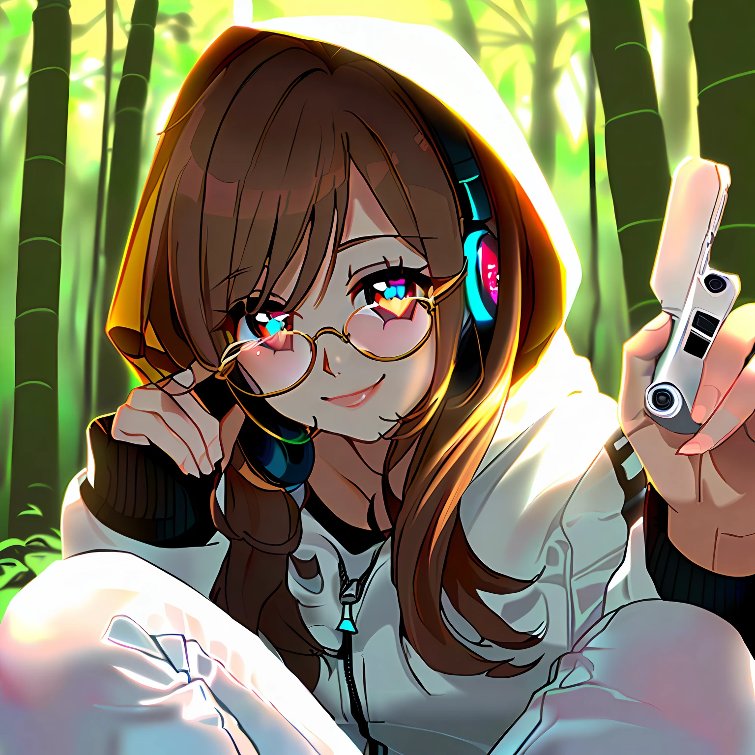 Kizi, Solo, young yandere woman of anime(Head(Long brown hair, Beautiful golden eyes, Heart-shaped pupils, Bright eyes, Glasses, Naughty smile, Earphone), Clothing(jacket with white and yellow hood, White pants)), Background(Dense forest, high forest, No buildings, no civilization), profile, volume light, black shadows, Best quality, Ultra-detailed, Adorable, 8K, 4K, 2K cyberpunk