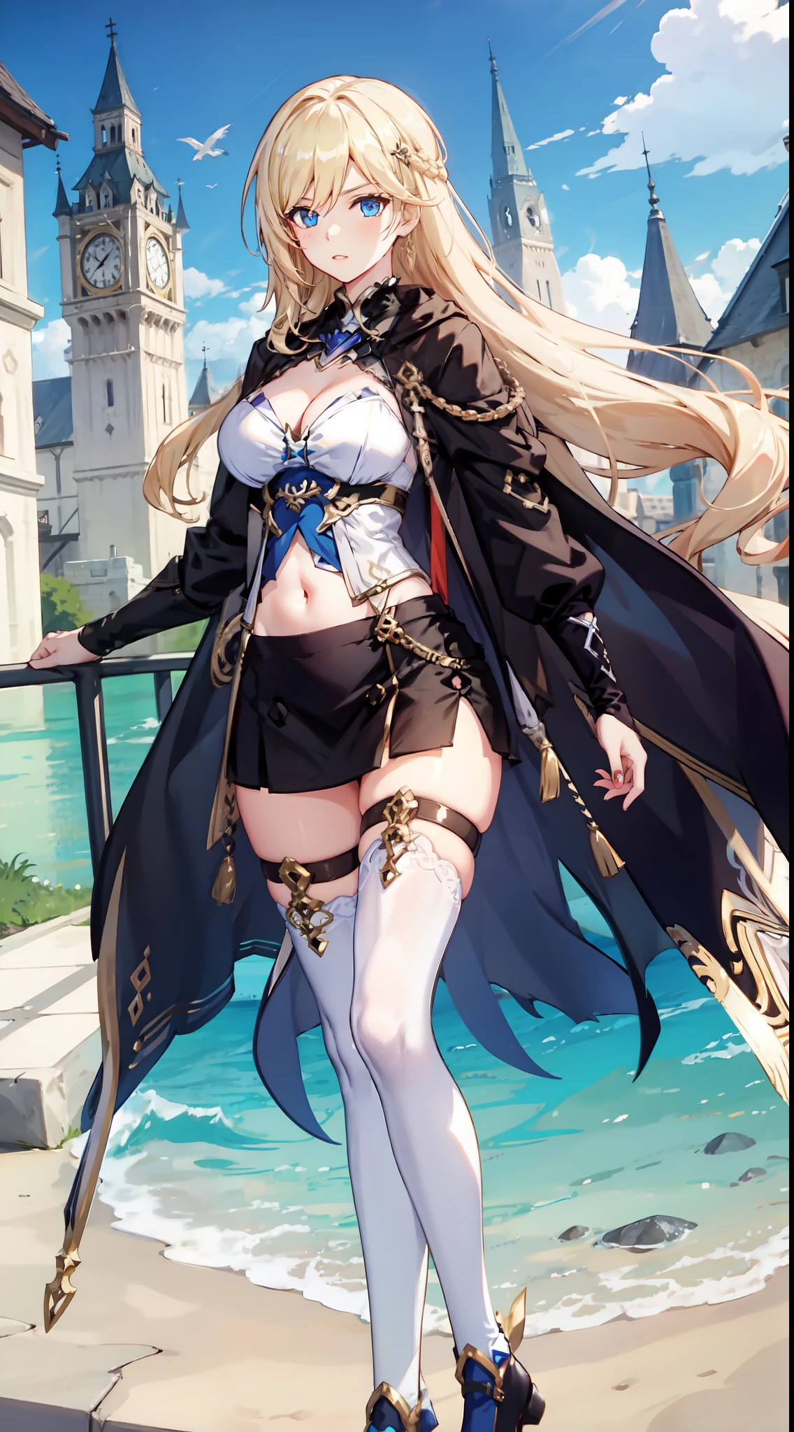 slim legs, cleavage, short skirt, navel, blue eyes, adventurer, thigh high socks, stand, blonde hair, long hair, short skirt, durandal, guild, medieval