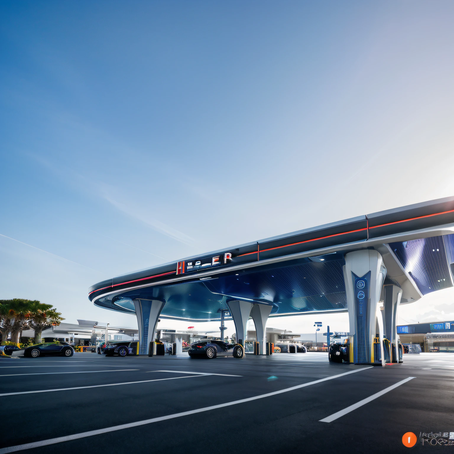 ((Masterpiece, Best quality)), 8K,gasstation，Canopy，pillar， modern architectural style, The color is bright，Space elements，epcot，photographrealistic, hyperedetailed photo, Clean skies, Lots of cars，lots of people，The atmosphere is lively，城市, cyber punk perssonage