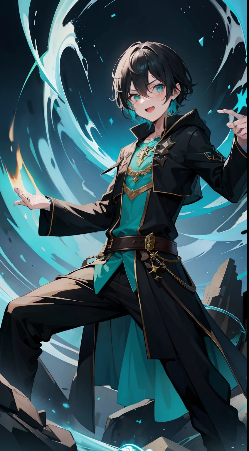 Young guy, short black hair, Cyan eyes, The Dark Wizard's Uncovered Mantle, green fire, Tatoo, Runes, combat stance, Crazy laughter, Masterpiece, hiquality