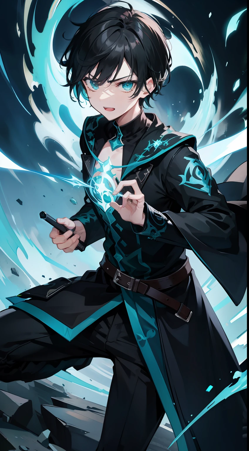 Young guy, short black hair, Cyan eyes, The Dark Wizard's Uncovered Mantle, green fire, Tatoo, Runes, combat stance, Crazy laughter, Masterpiece, hiquality