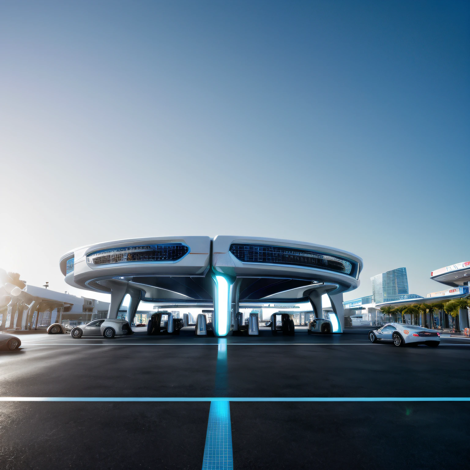 ((Masterpiece, Best quality)), 8K,gasstation,Canopy,pillar, modern architectural style, The color is bright,Space elements,epcot,photographrealistic, hyperedetailed photo, Clean skies, Lots of cars,lots of people,The atmosphere is lively,Ruined city, cyber punk perssonage, Sateen