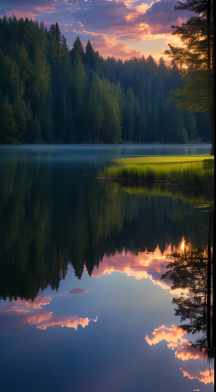 Wallpaper, summer, lake, dawn, forest, clouds, dawn background, depth of field, HD detail, hyperdetail, cinematic, soft light, deep field focus bokeh, ray tracing, diffuse (ultra-fine glass reflection) and realism. --v6