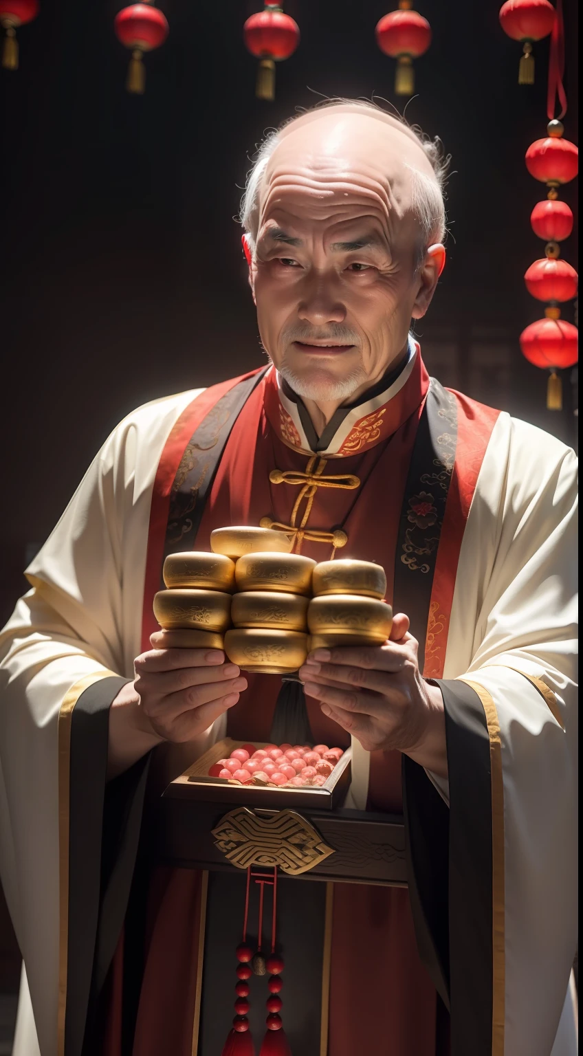 Han Chinese,A balding old man wearing a traditional Chinese cassock,Holding a handful of gold ingots,red colour,jubilation,a cassock,Temple,k hd,真实感,超高分辨率,Prayer beads,fortune,fortune,Wishing you prosperity,money