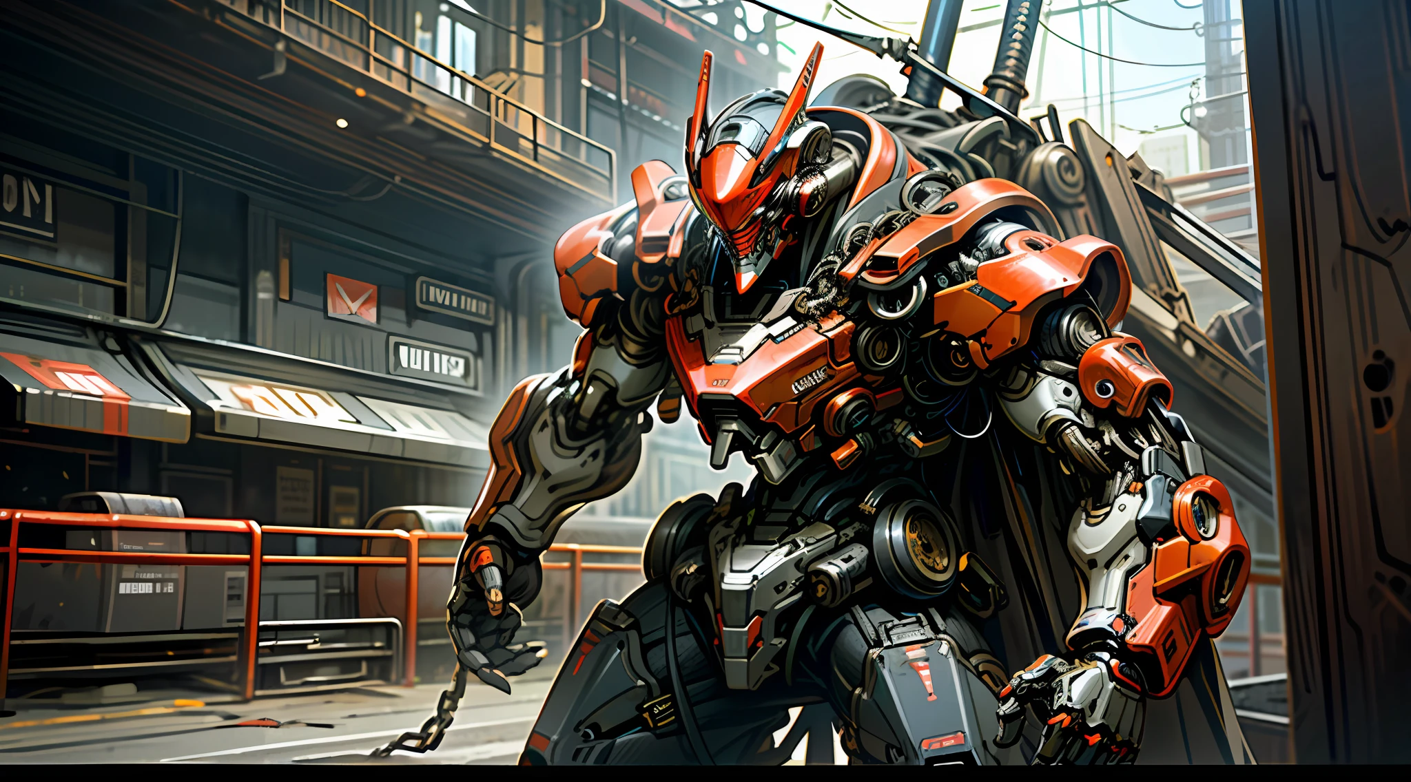 Dark_Fantasy,Cyberpunk,(chain saw,chain saw man,Red:1.1),1man,Mechanical marvel,Robotic presence,Cybernetic guardian, wearing a worn-out mech suit, intricate, (steel metal [rusty]), elegant, clear focus, shot by greg rutkowski, soft lighting, vibrant colors, masterpiece, ((street)), cowboy shot, dynamic pose,