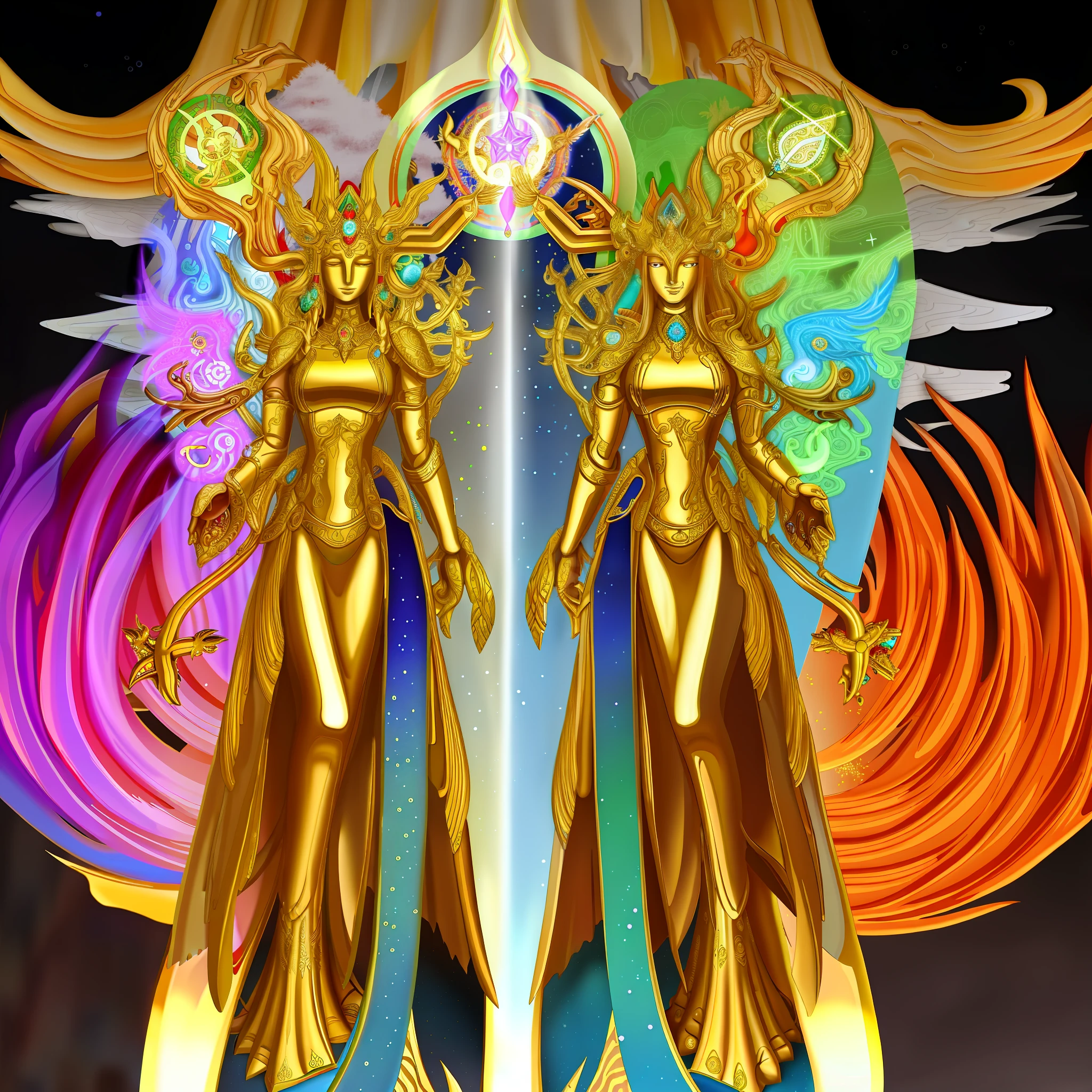 Art Deco shamanic decoration, Protoss, ancient antler deity, the solarpunk phoenix, golden sacred tree, Nine tails, Elemental Guardians of Life, fantasy game spell symbol, Hastur, emblem of wisdom, ancient symbols, ancient symbol behind it