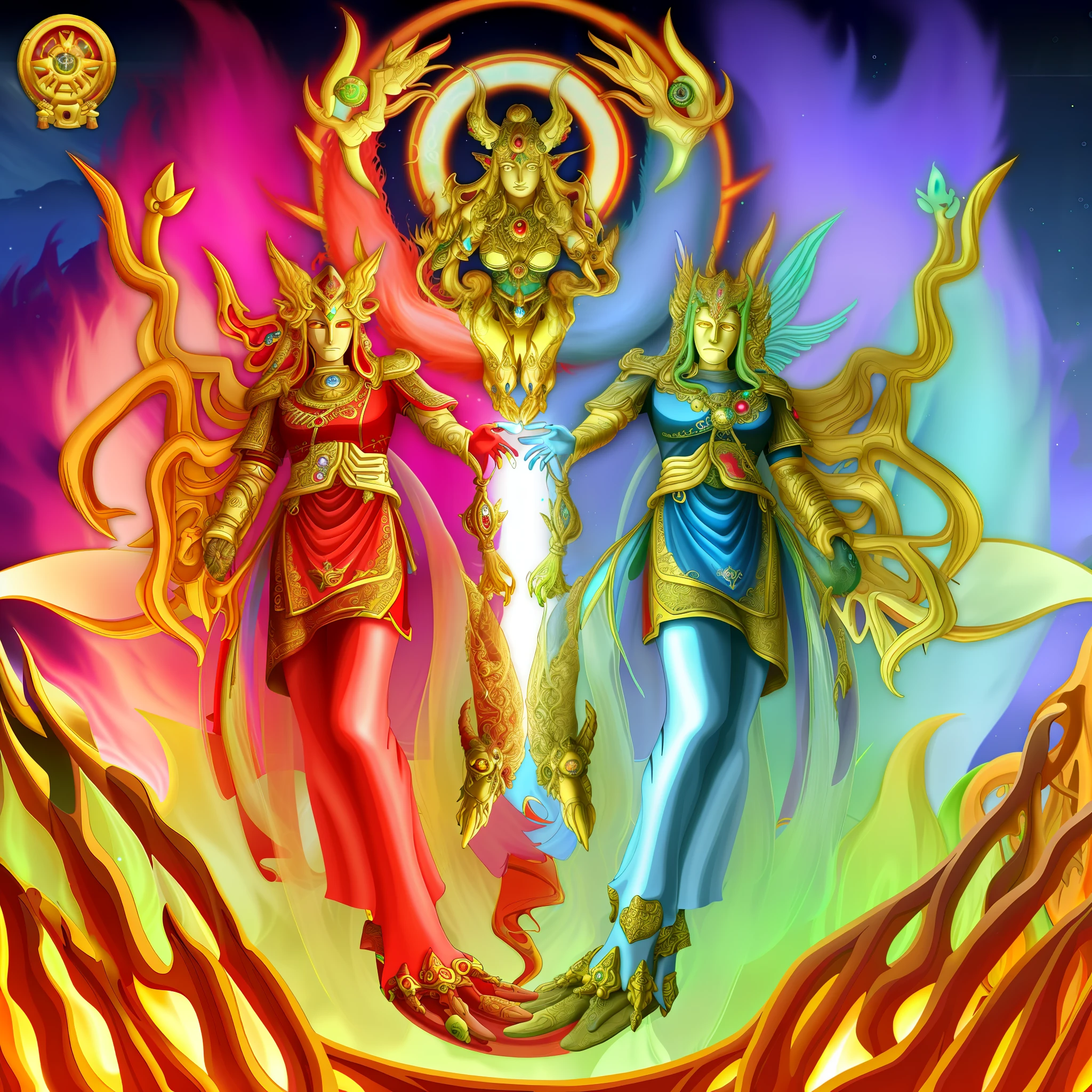 Art Deco shamanic decoration, Protoss, ancient antler deity, the solarpunk phoenix, golden sacred tree, Nine tails, Elemental Guardians of Life, fantasy game spell symbol, Hastur, emblem of wisdom, ancient symbols, ancient symbol behind it