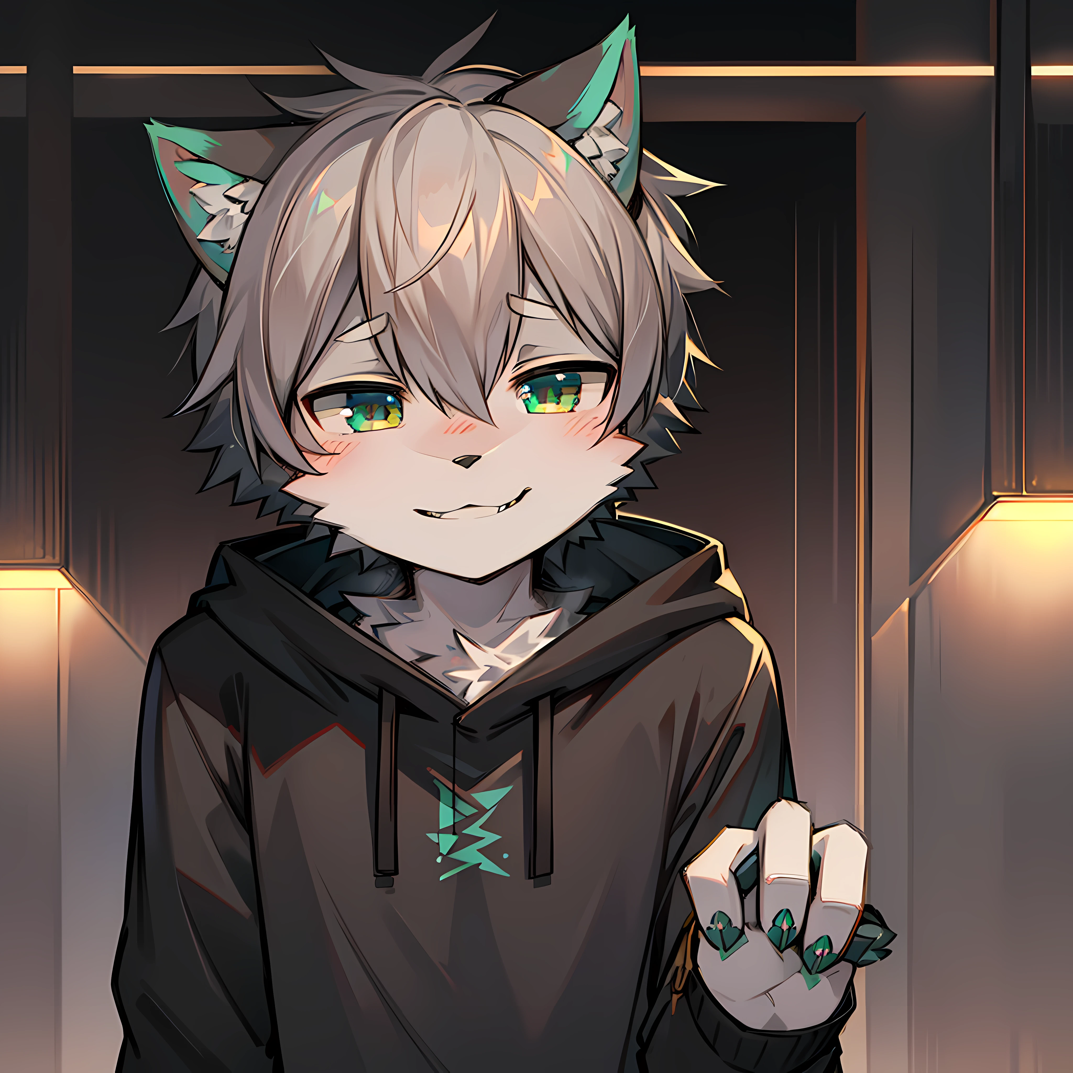coyote,uploads_On_e621,,Furry_Male,short_Grey_Hair,Solo,,gray wolf,Green_Ear_Top,Black sweatshirt,,head portrait,Super cute face ,ssmile
