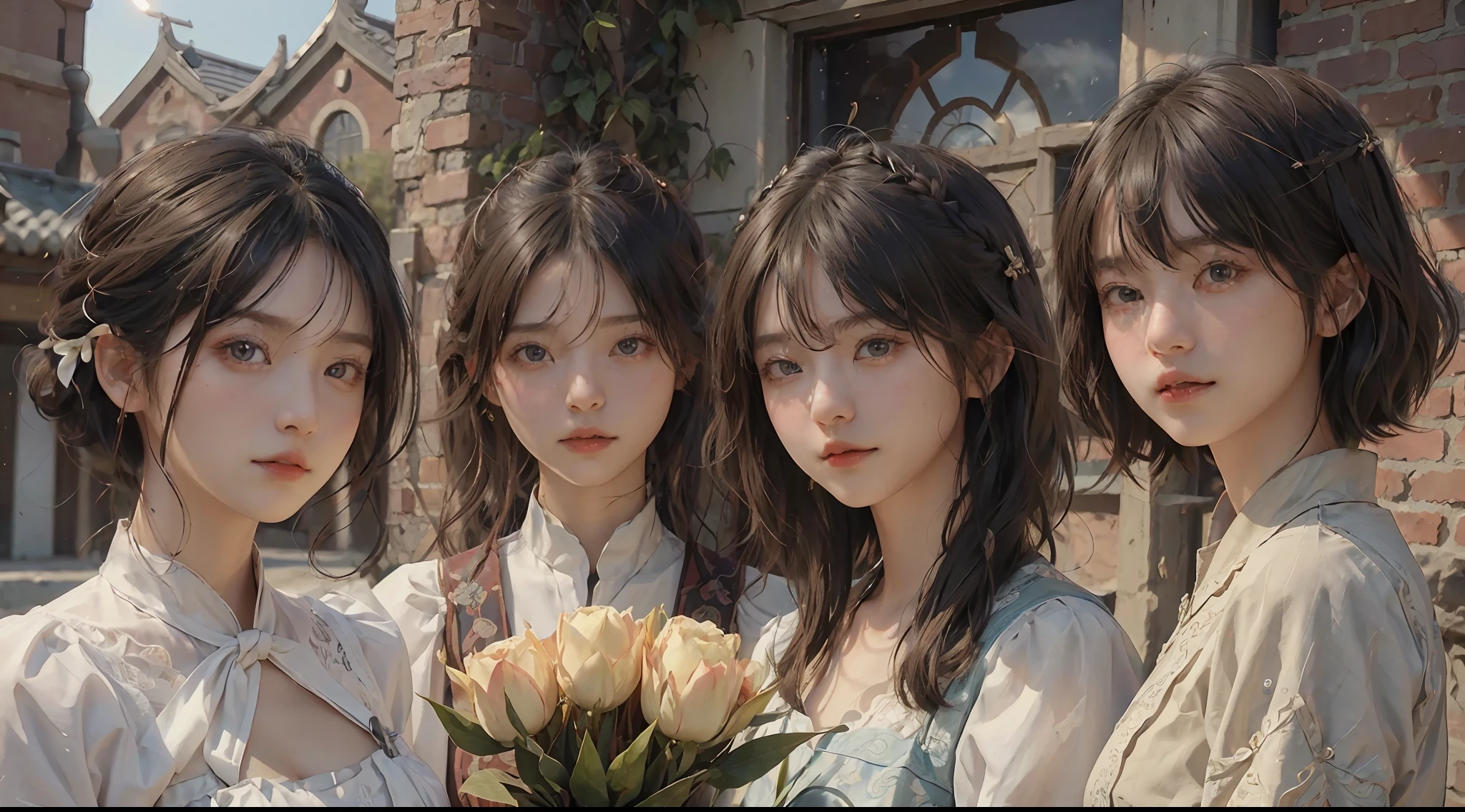 (RAW Photography、top-quality)、(realisitic、Photorealsitic:1.3)、top-quality、high-detail、masterpiece、ultra-detailliert、illustratio、1girl、((very_short_hair))、dynamic ungle、world masterpiece theater、((Regular_hairstyle))、top-quality、the Extremely Detailed CG Unity 8K Wallpapers、inky、magnifica、电影灯光、lens_flare、dunhuang_style、Beautiful brick wall、vases