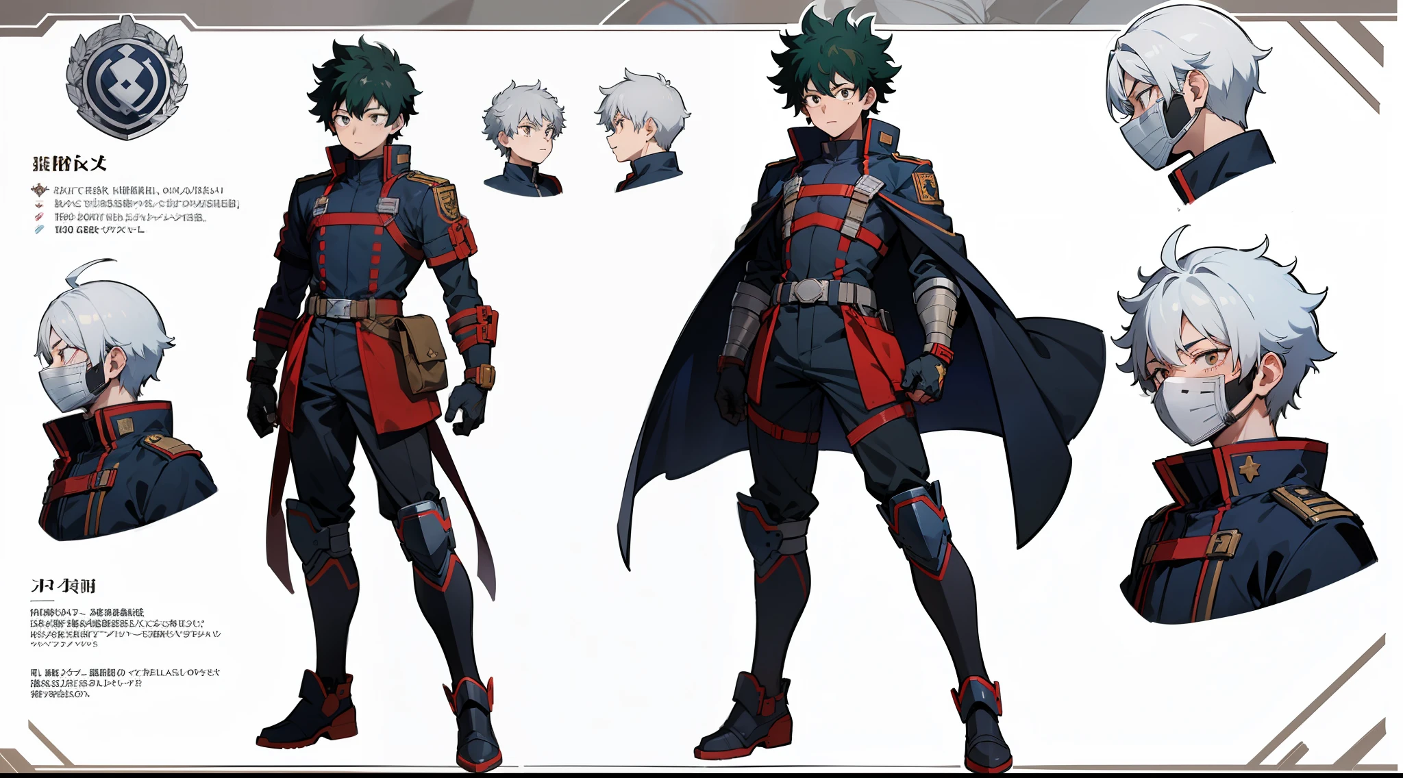 ((Masterpiece, highest quality)), My Hero Academia style, detailed face, character sheet, full body, full of details, highly detailed, depth, Izuku Midoriya, anime boy, 1boy, young male, Covered head, silver metal helmet with white eyes, covered face, silver metal mask, Hero costume, full body suit, Red long-sleeved jacket with indigo blue lines, military brown pants, chest harness, dove (symbol), symbol on the chest, Black Boots with Silver Metal Toe Cap, Silver Metal Shin Guards, Silver Metal Knee Pads, Silver metal elbow pads, Dark indigo blue elbow gloves, Black belt with pockets,