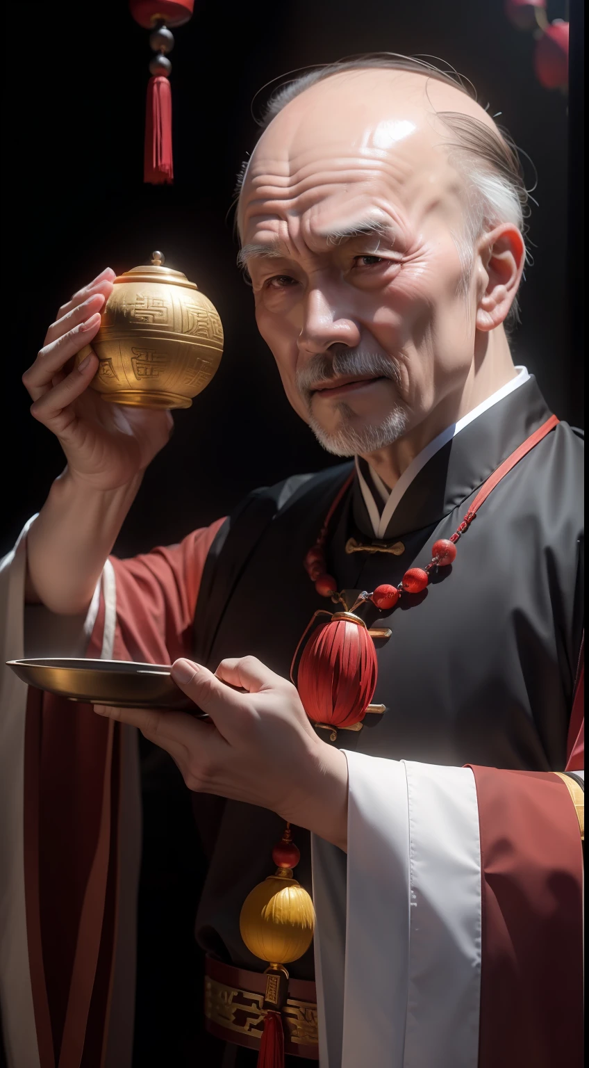 Han Chinese，A balding old man wearing a traditional Chinese cassock，Holding a handful of gold ingots，red colour，jubilation，a cassock，Temple，k hd，真实感，超高分辨率，Prayer beads，fortune，fortune，Wishing you prosperity，money，Detailed eyes