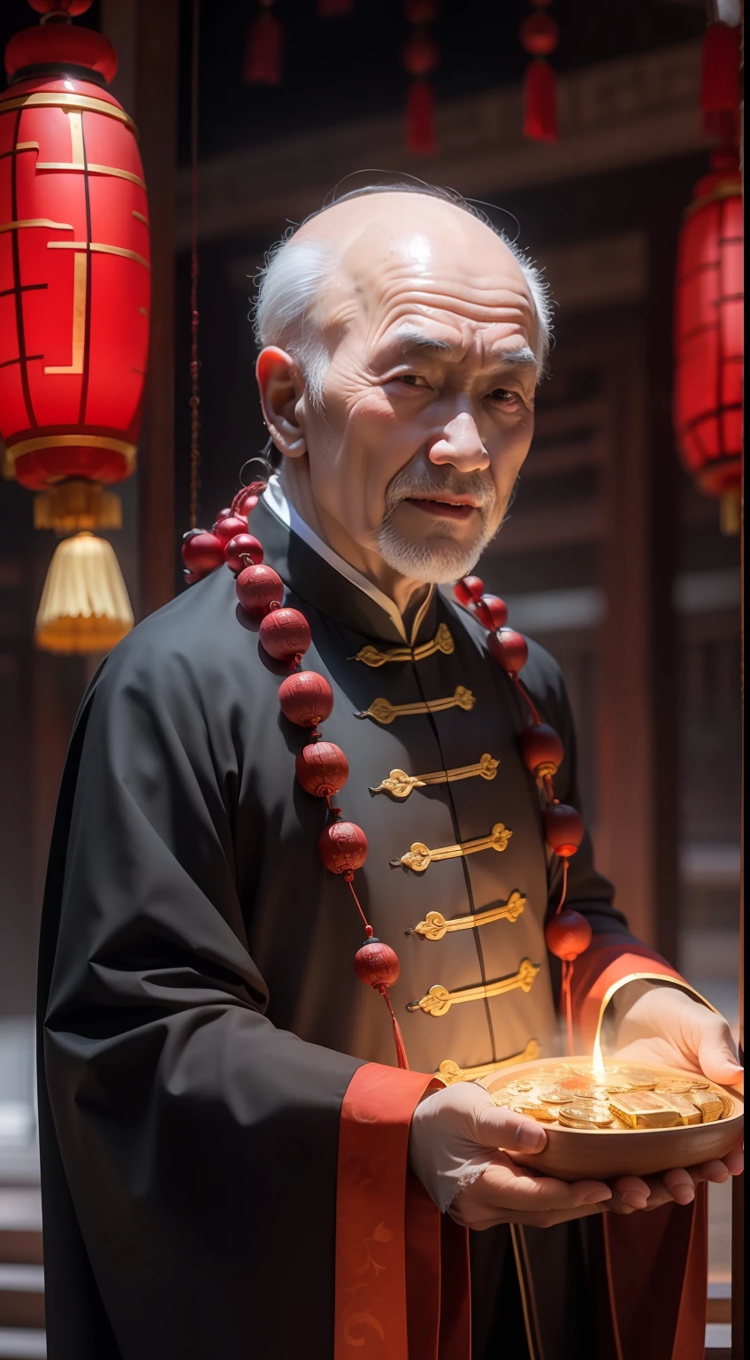 Han Chinese，A balding old man wearing a traditional Chinese cassock，Holding a handful of gold ingots，red colour，jubilation，a cassock，Temple，k hd，真实感，超高分辨率，Prayer beads，fortune，fortune，Wishing you prosperity，money，Detailed eyes