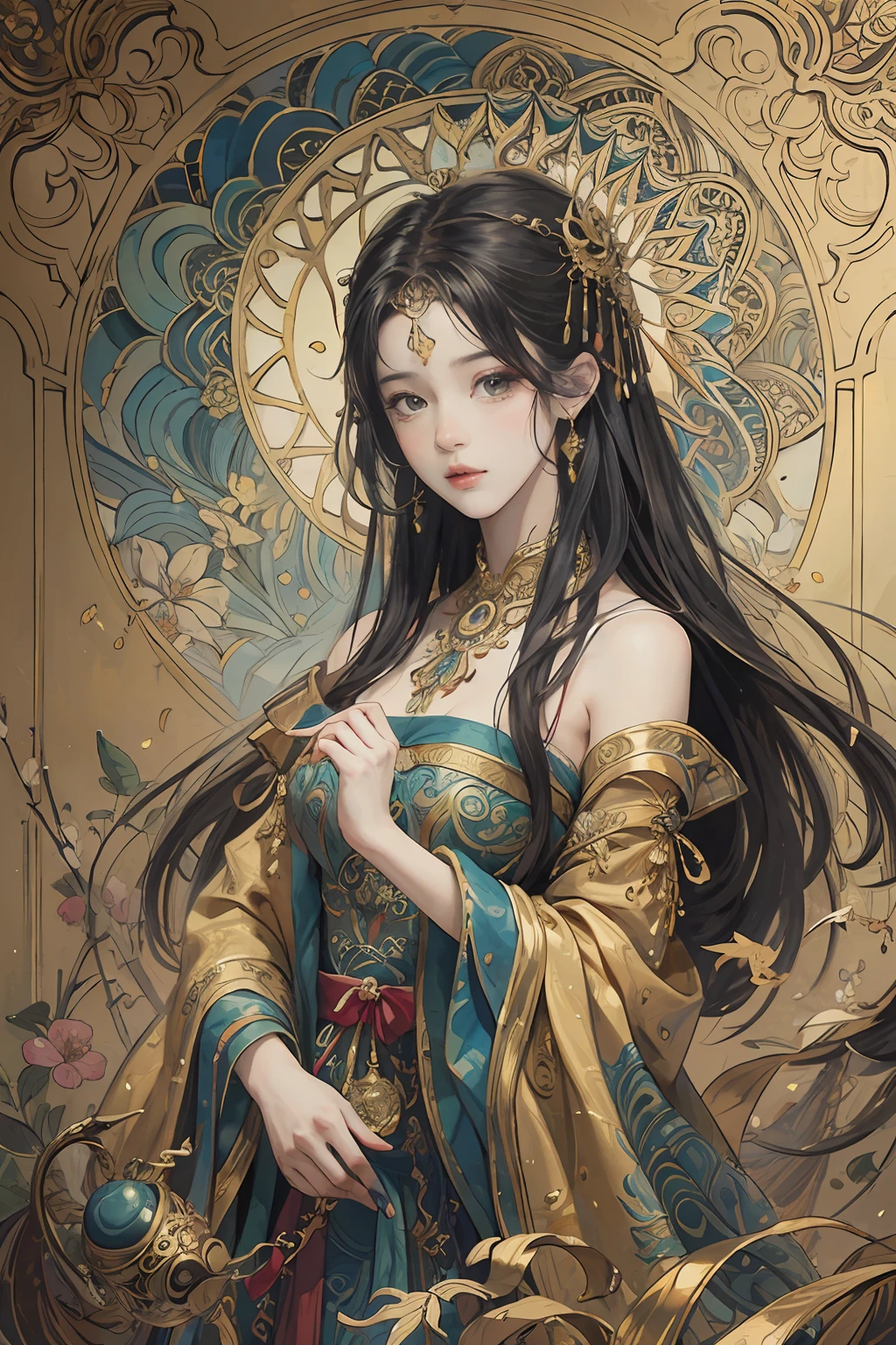 (masterpiece, top quality, best quality, official art, beautiful and aesthetic:1.2), (1girl), extreme detailed,colorful,highest detailed, official art, unity 8k wallpaper, ultra detailed, beautiful and aesthetic, beautiful, masterpiece, best quality, (zentangle, mandala, tangle, entangle) ,holy light,gold foil,gold leaf art,glitter drawing, PerfectNwsjMajic