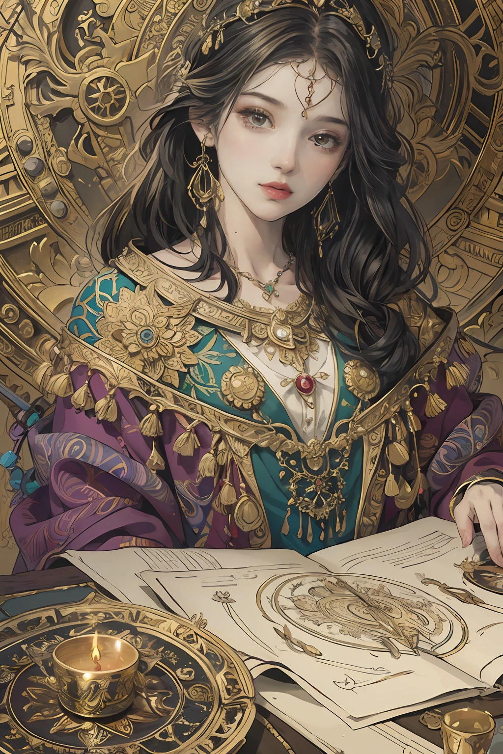 (masterpiece, top quality, best quality, official art, beautiful and aesthetic:1.2), (1girl), extreme detailed,colorful,highest detailed, official art, unity 8k wallpaper, ultra detailed, beautiful and aesthetic, beautiful, masterpiece, best quality, (zentangle, mandala, tangle, entangle) ,holy light,gold foil,gold leaf art,glitter drawing, PerfectNwsjMajic