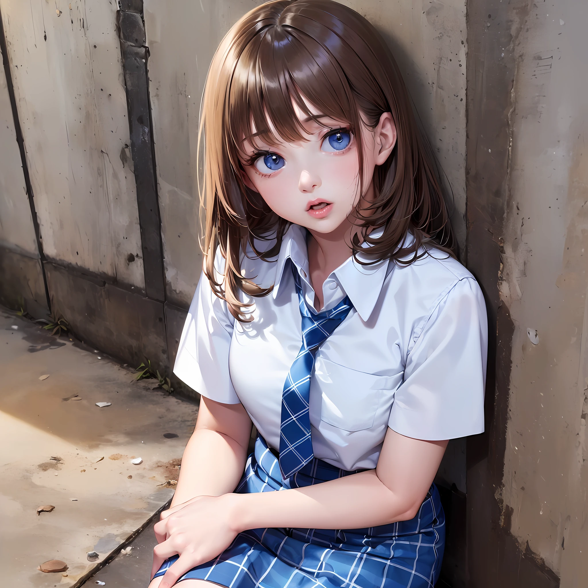 absurdist, (Masterpiece, Best Quality, high-resolution, ulta-detailded), , (Detailed background), (Beautiful detailed face), High Contrast, (Best Illumination, extremelydelicateandbeautiful), ((Cinematic light)), Colorful, hyper detailed, Dramatic light, Intricate details, (1girls, Puffy lips, thoughtful face, (brown hair:1.2), blue eyes, Open mouth, surprised