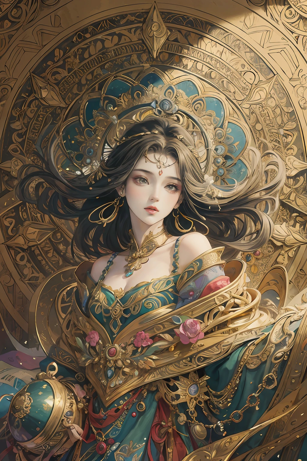 (masterpiece, top quality, best quality, official art, beautiful and aesthetic:1.2), (1girl), extreme detailed,colorful,highest detailed, official art, unity 8k wallpaper, ultra detailed, beautiful and aesthetic, beautiful, masterpiece, best quality, (zentangle, mandala, tangle, entangle) ,holy light,gold foil,gold leaf art,glitter drawing, PerfectNwsjMajic