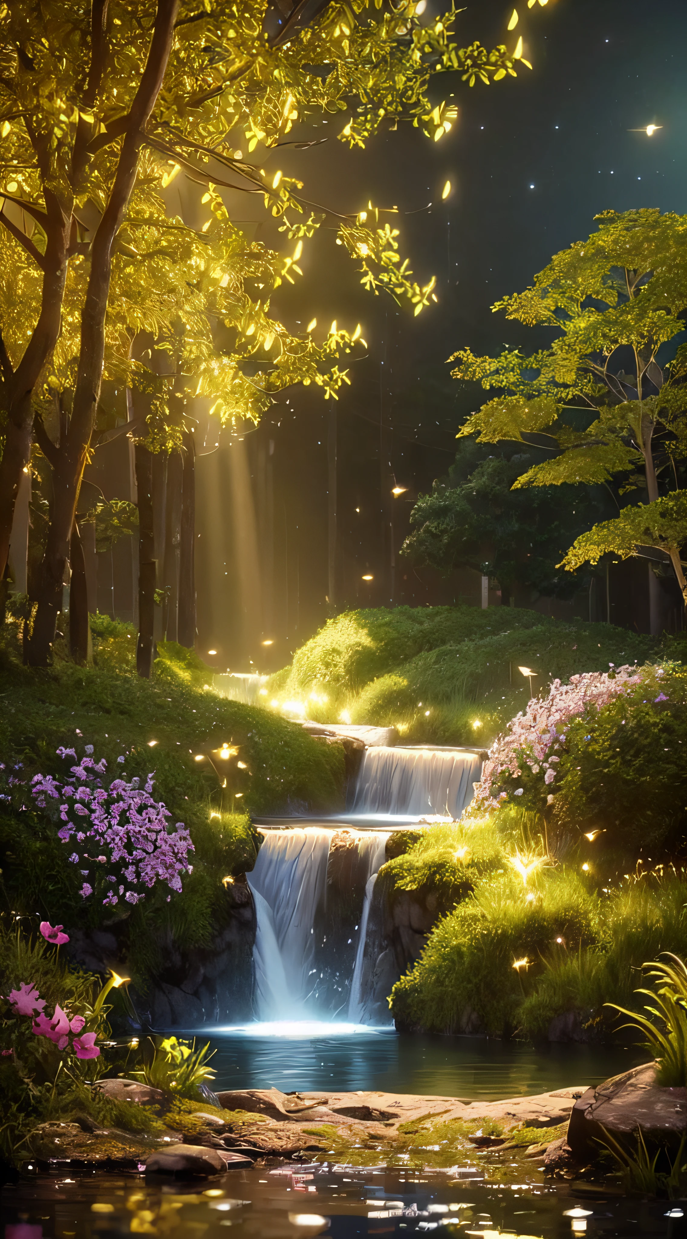 Masterpiece, best quality, (very detailed CG unity 8k wallpaper), (best quality), (best illustration), (best shadows), glow sprite, with a golden deer, in the swimming pool Drinking water, natural elements in the forest theme. Mysterious forest, beautiful forest, nature, surrounded by flowers, delicate leaves and branches surrounded by fireflies (natural elements), (jungle theme), (leaves), (twigs), (fireflies), (particle effects) etc. 3D, Octane rendering, ray tracing, super detailed