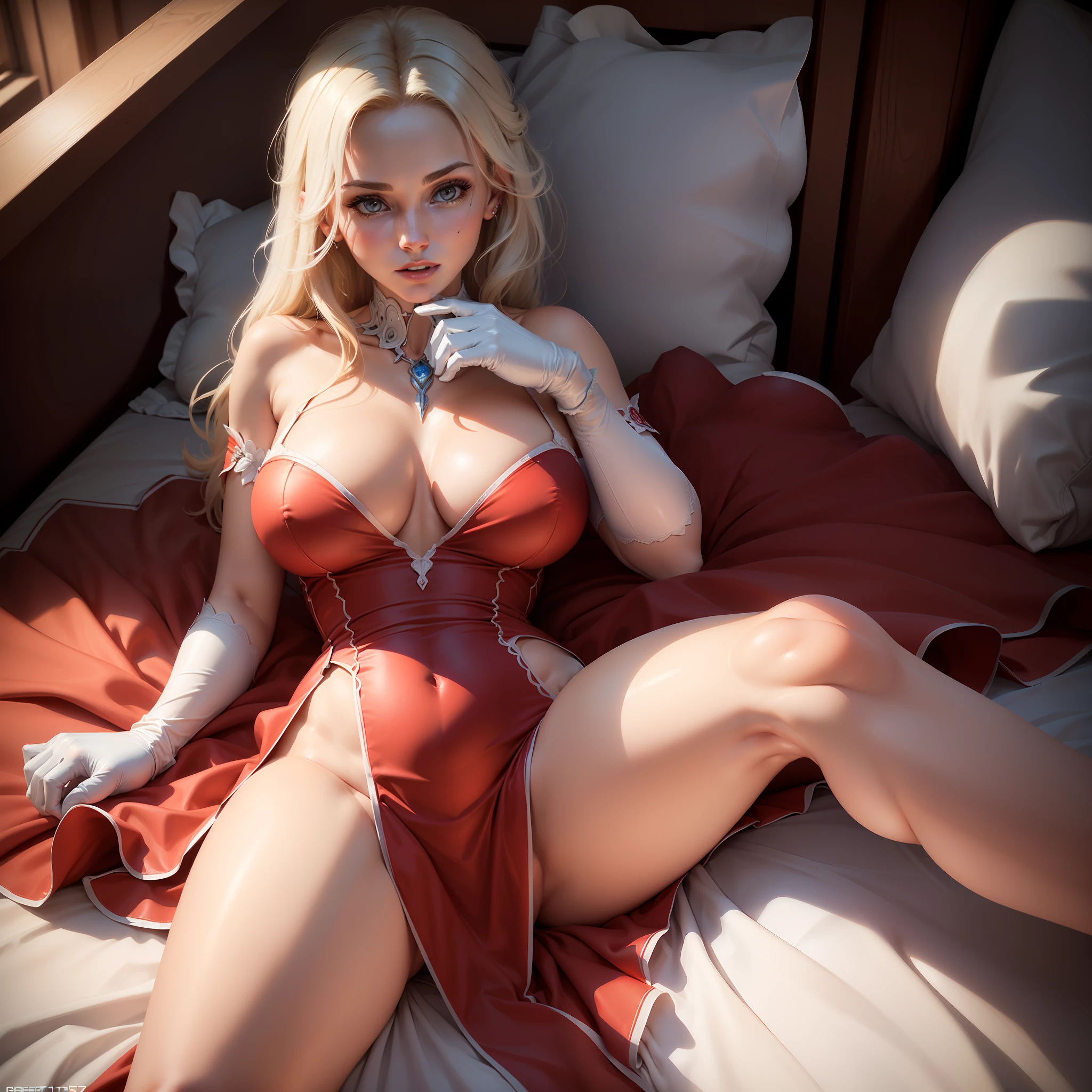 (( 1 woman )),(bed), Realistic, Best Quality, (((red dress))))), (big breasts: 1.7), ((open legs: 1.6)), dynamic lighting, intricately , volumetric lighting, trending on Artstation, warm colors, ambient occlusion, 8K resolution, depth of field, ((Unreal Engine 5: 1.2)), ((master piece: 1.6)), (((perfect anatomy: 1.7))), ((detailed face: 1.7)), (((wearing white gloves)))