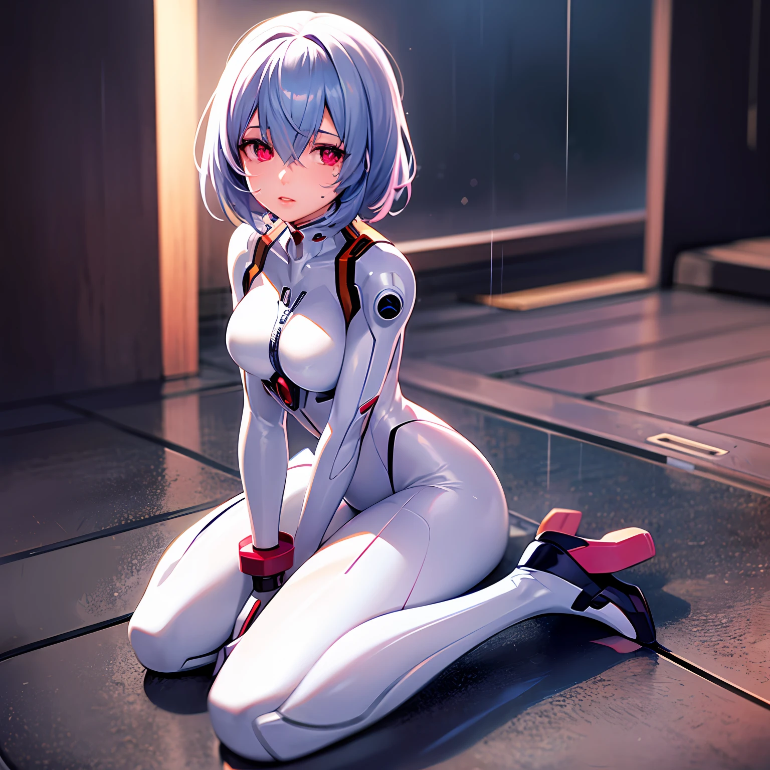 (masterpiece, best quality, detailed, 8K, photorealistic), beautiful face, detailed face, best lighting, 1girl, (((full body))), rain, tears, broken glass,  plugsuit, ayanami rei, bodysuit, white bodysuit, red_eyes, solo, pilot suit, blue_hair, bangs, interface_headset, turtleneck, hair_between_eyes, skinny, parted_lips, looking_at_viewer, upper_body,wariza,  dynamic pose, sitting,