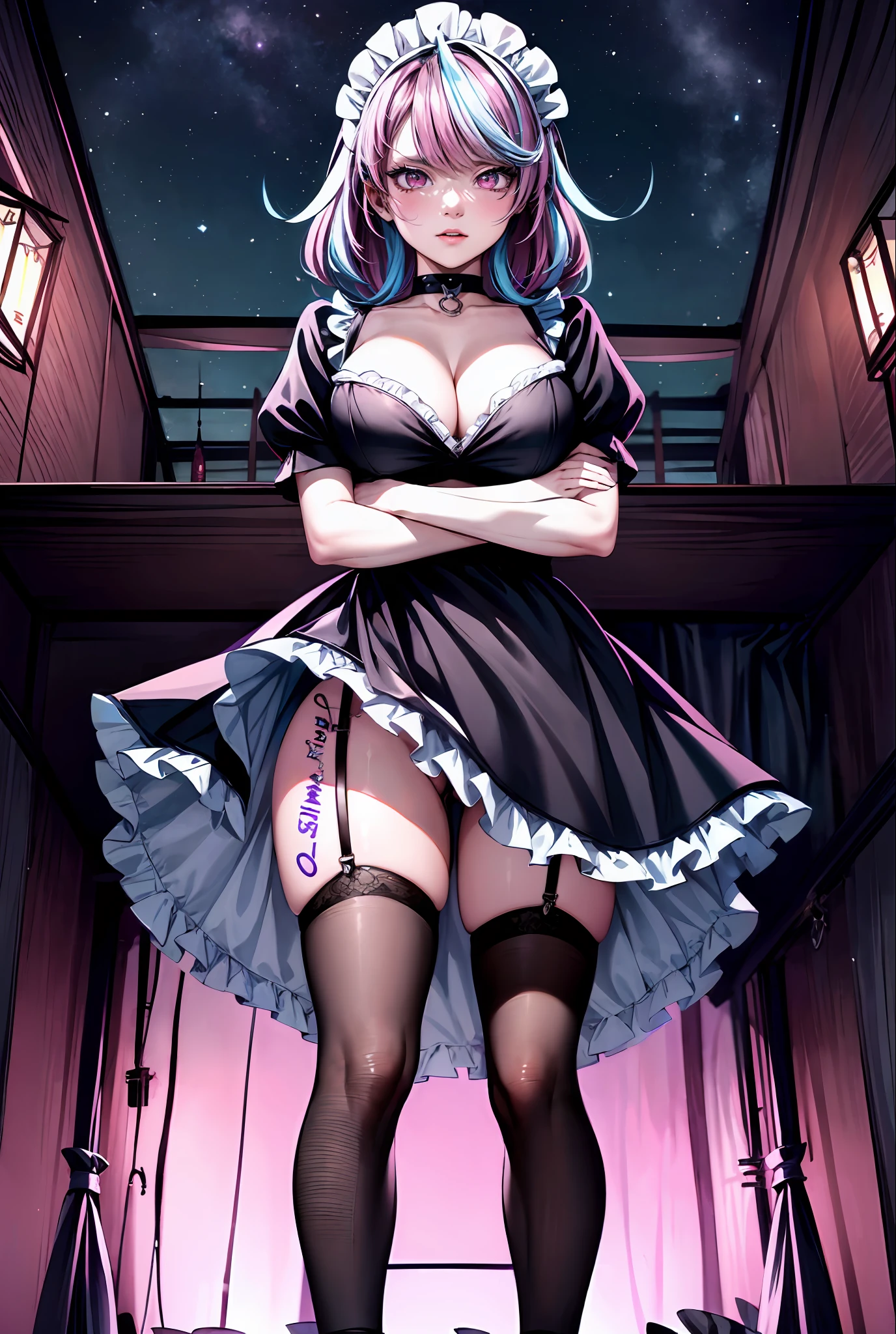 Chica de anime con un vestido corto posando en una plataforma, Chica de anime con disfraz de sirvienta, Hermosa criada,  en vestido, Lindo anime waifu en un bonito vestido, Traje de sirvienta, Anime Cat Girl en un disfraz de sirvienta, Chica anime con un vestido negro, seductora chica de anime, vestido de sirvienta, small curvy lolisexy maid in a magical forest