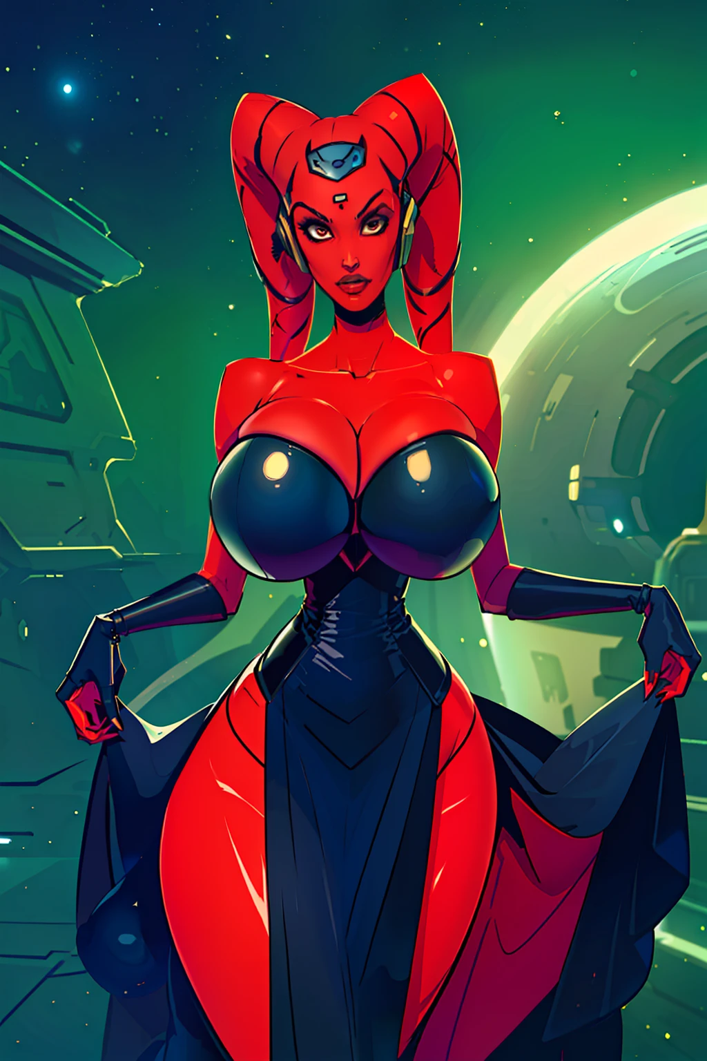 little black dress, busty, ((red skin), twi'lek), evil space knight, space ninja, (black elegant gown, evening dress, strapless, sleeveless, cleavage, long skirts, fantasy, ((busty), slender body, thin, slim sexy body, slim waist, ((((huge breasts, large breasts))))), Imperial starship, Star Wars,