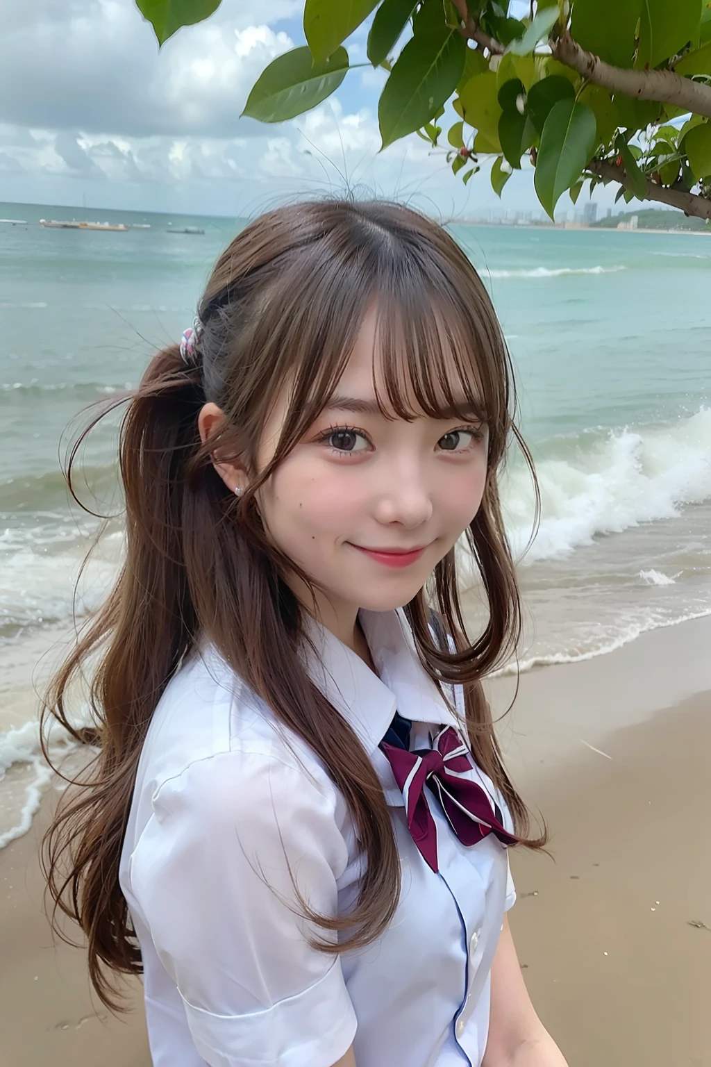 1girl, (solo:1.5), long hair, (school uniform:1.3), upper body, outdoor, smile, on beach, wet,