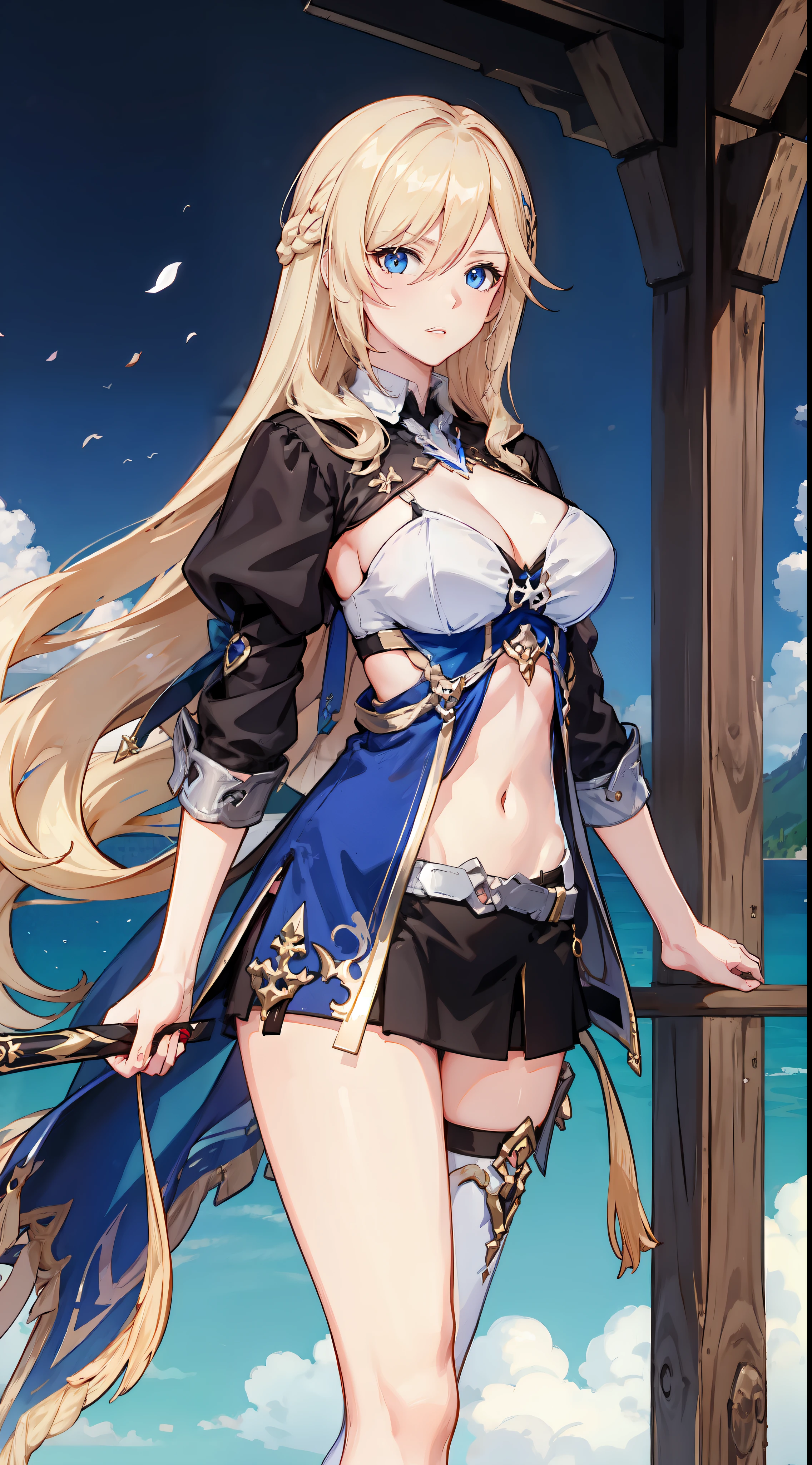 slim legs, cleavage, short skirt, navel, blue eyes, adventurer, thigh high socks, stand, blonde hair, long hair, short skirt, durandal, guild, medieval