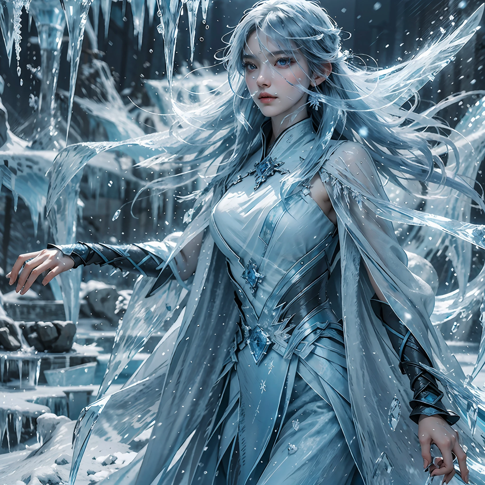 (((1girll))),Imperial water,A magician,(Loose dress:1.5),(Perfect facial features:1.4),(Blue silk robe),(Mysterious magic formations:1.2),Blue glow,(Frost wings),(((Powerful ice magic))),(((Icicles))),Towering over the landscape,Blue light cold light,(((Ice storms))),Wind,((Flying snow ice and snow)),Amazing results,,best qualityer,tmasterpiece,超高分辨率,finely detailled,Complicated details,8K分辨率,8KUCG wallpaper,hdr,water blue,Magic Array,Cinematic lighting effects,lightand shade contrast,Ray traching、NVIDIA RTX