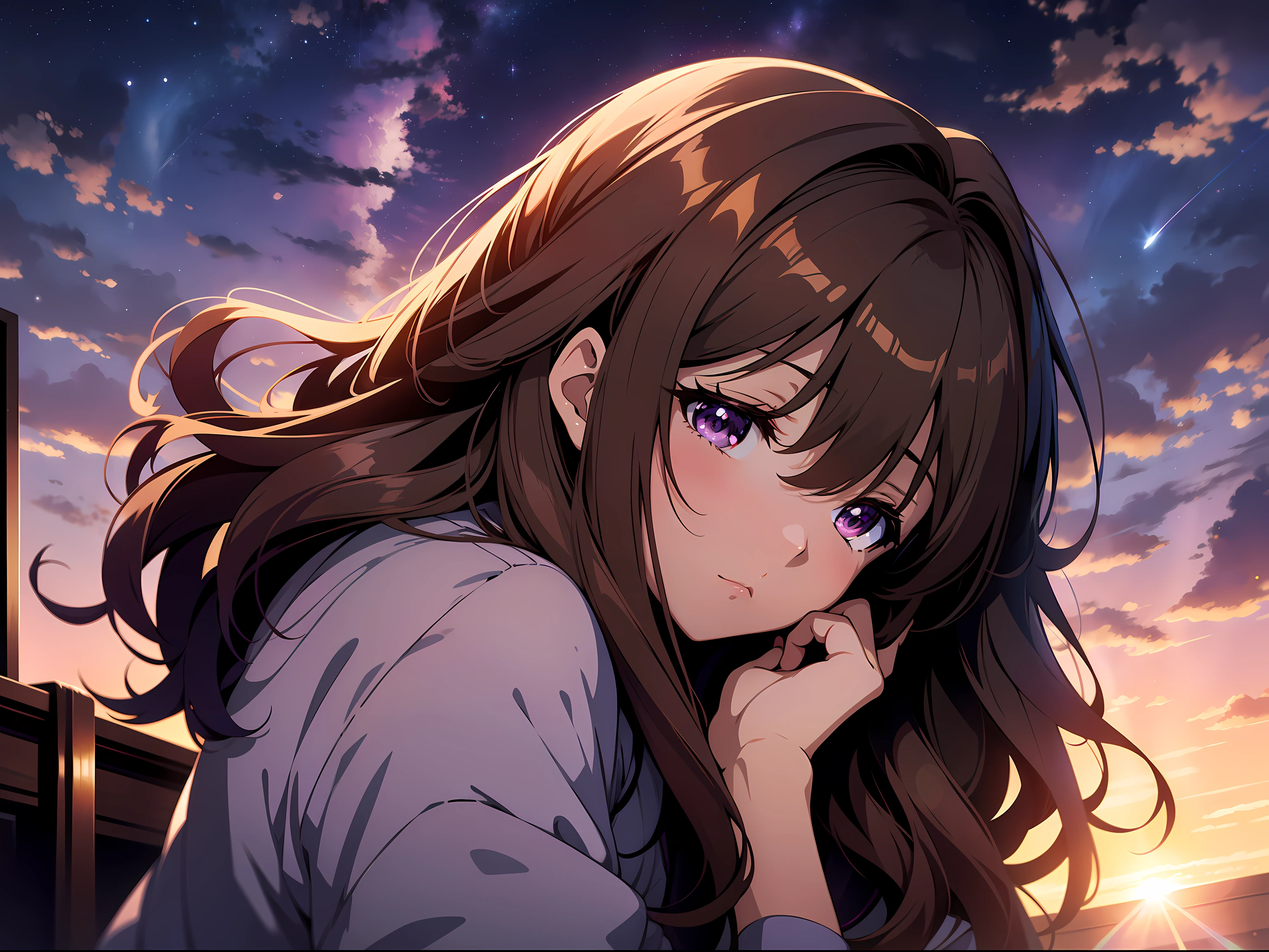 8K, Reina Kousaka from Sound! Euphonium Anime series, Purple Night Sky, Green Night Clouds, Room, Lensflare, Sleepy