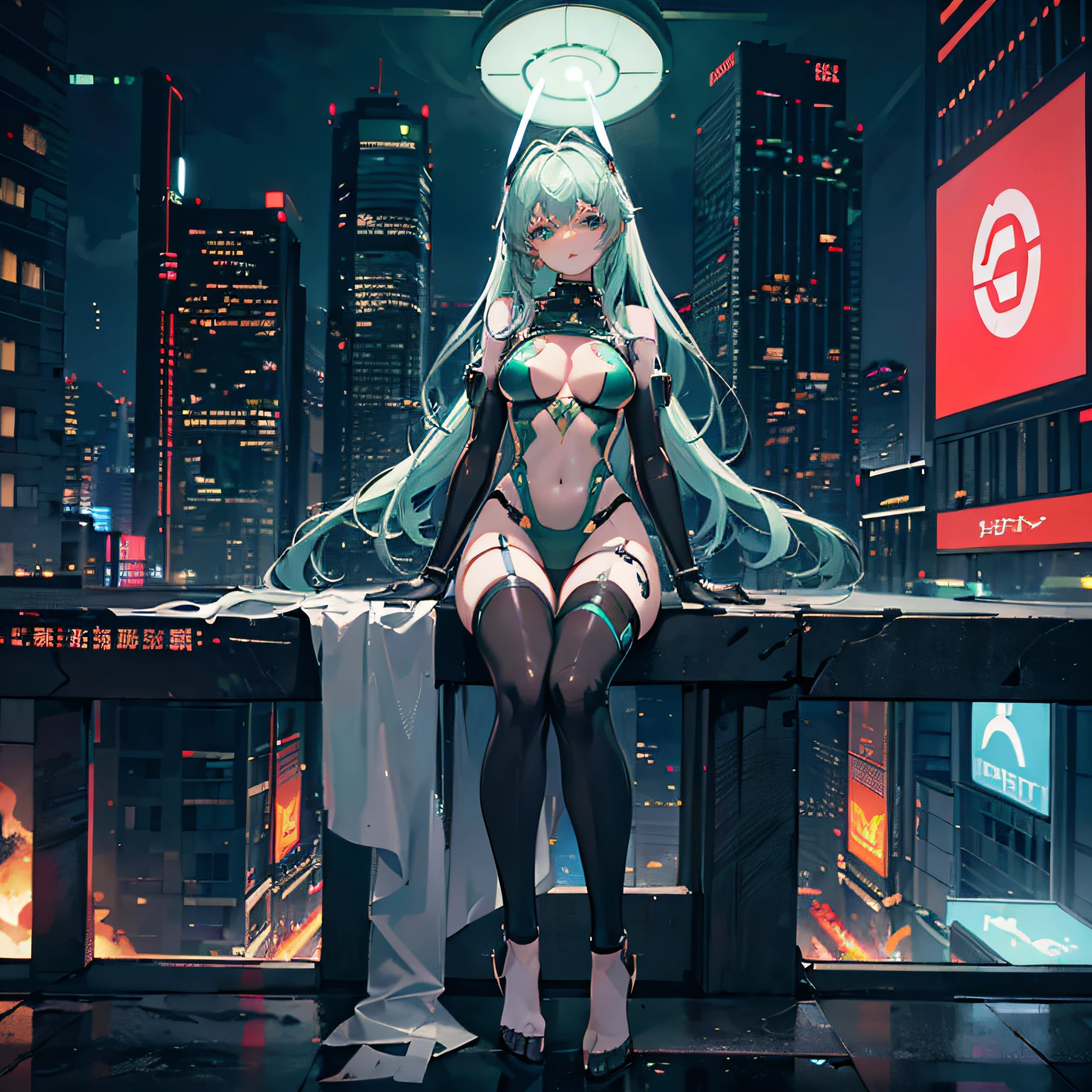 realisitic、tits out、Cyberpunk、cleavage of the breast、Beautifully shaped breasts、Raw feet、Beautiful legs、Overexposed、Cyber City、natta、nightcity、((top-quality)), ((​masterpiece)), (high-detail:1.3), 3D, Beautiful fece、mechanical suit、Near Future Cyber Suit、Green White Cyber Suit、Green and white robot costume、