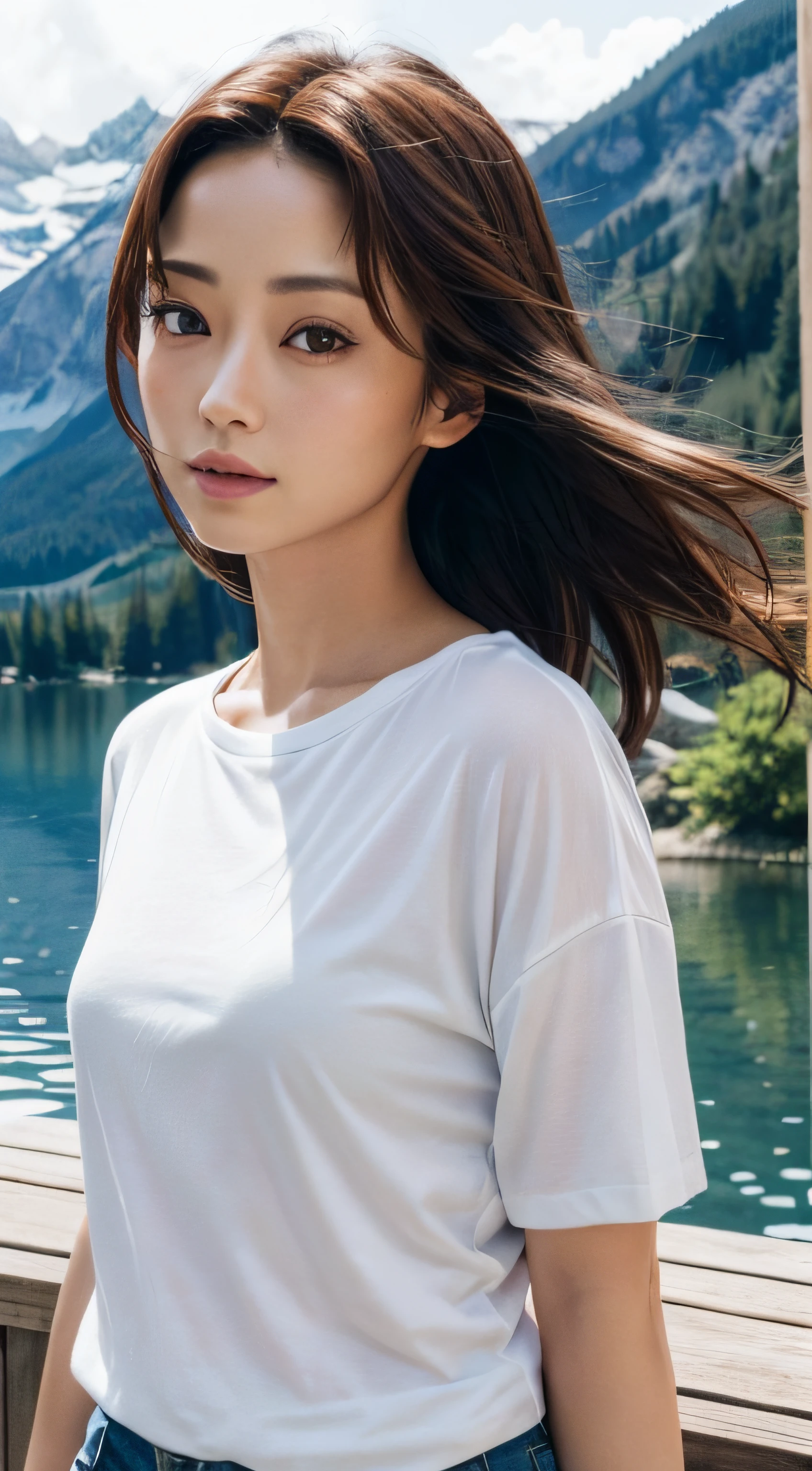 doress、(Photorealsitic:1.4)、(hyper realisitic:1.4)、(realisitic:1.3)、(Smooth lighting:1.05)、(Improved lighting quality in movies:0.9)、32K、1girl in、20 years girl、Realistic lighting、Back lighting、Facial light、raytrace、(brightened light:1.2)、(enhanced quality:1.4)、(Top quality real texture skins:1.4)、finely eye、finerly detailed face、Fine quality eye、(Tired, sleepy and satisfied:0.0)、 close up of face、tshirts、(enhance body line mood:1.1)、(Increase the beauty of skin texture:1.1)、((Aya Ueto))、Switzerland、lake、the Alps
