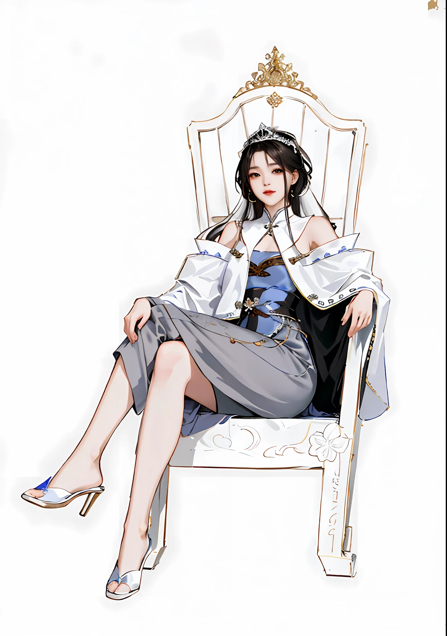 There is a woman sitting on a chair,Wearing a white coat, full-body xianxia, by Yang J, sitting on her throne, highly detailed exquisite fanart, Guviz, royal elegant pose, on her throne, Guviz-style artwork, author:Zhou Fang, guweiz masterpiece, Sitting on a throne, ((a beautiful fantasy empress))