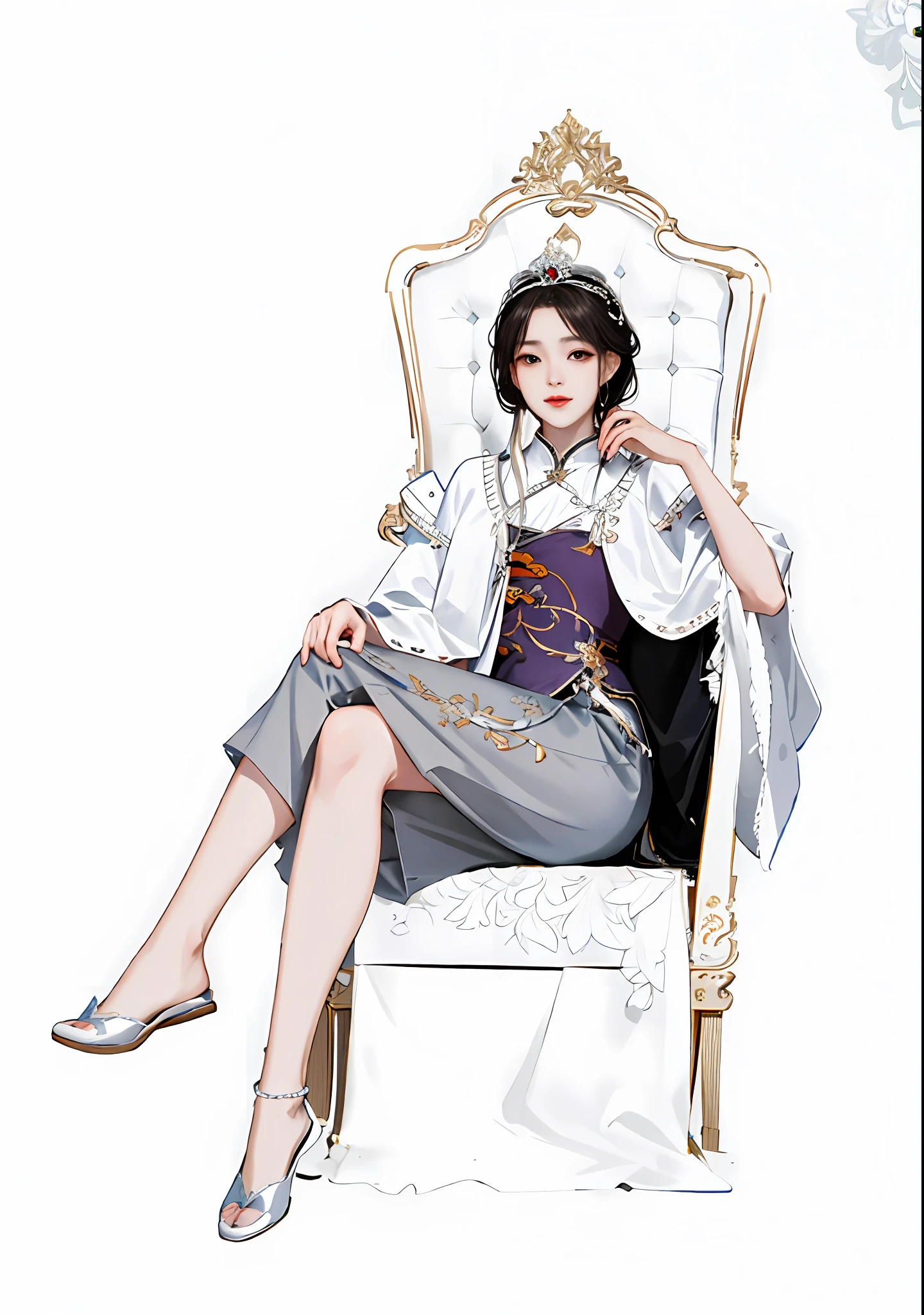 There is a woman sitting on a chair,Wearing a white coat, full-body xianxia, by Yang J, sitting on her throne, highly detailed exquisite fanart, Guviz, royal elegant pose, on her throne, Guviz-style artwork, author:Zhou Fang, guweiz masterpiece, Sitting on a throne, ((a beautiful fantasy empress))