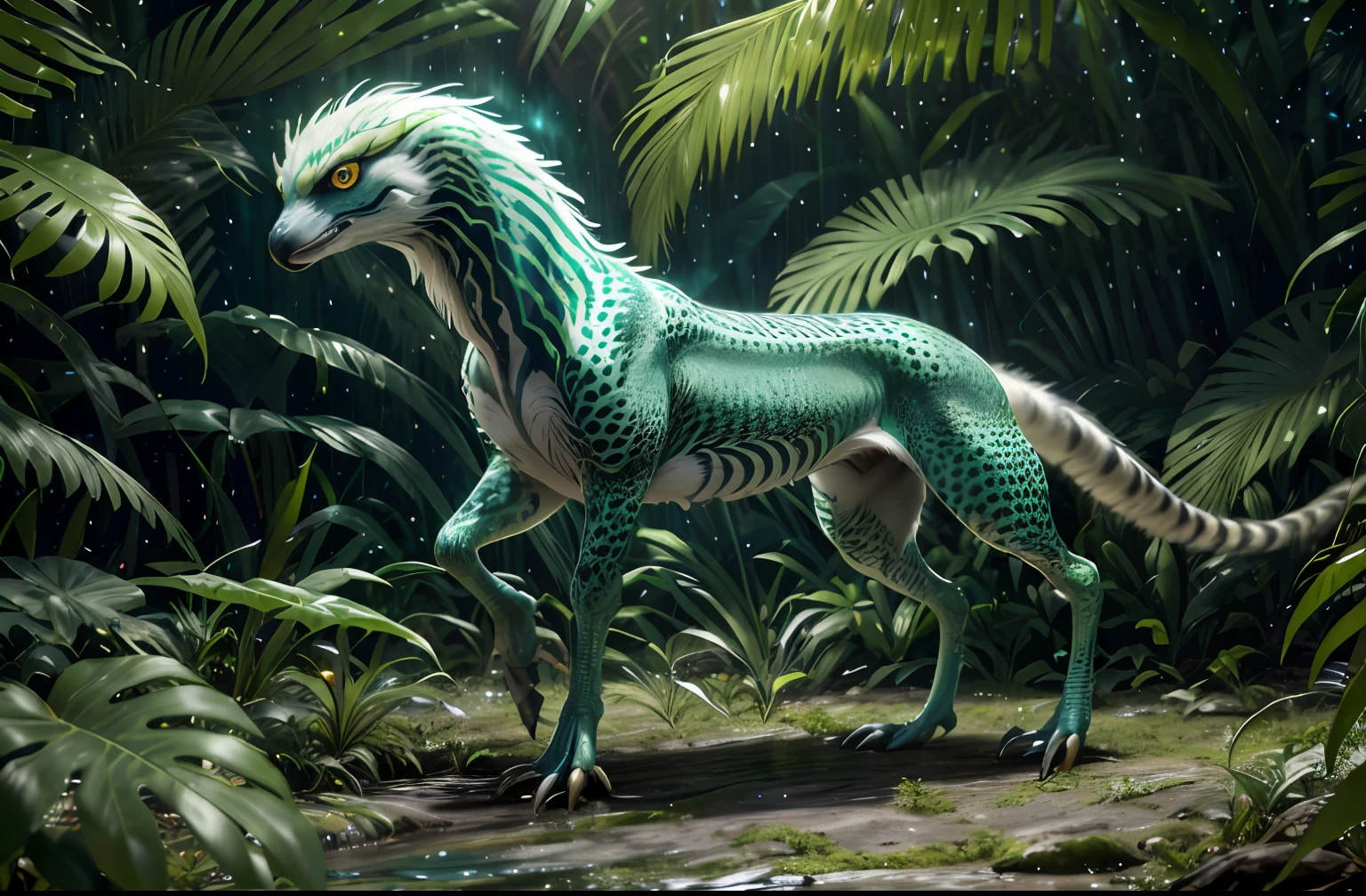 four-legged fast creature, like a greyhound, predator creature with (long monkey tail), slim like cheetah with green feathers and beak. predator creature like gepard with feathers ((four legs)) slender, long body with feathers, green gepard body with feathers, long legs creature with transparent and lighting body, walking on all six legs, owl head, lemur head, ((four eyes)), creature stalks like a hunting lion,jellyfish transparent body, 4 leghs, in the jungle, jungle, rain forest, high image quality, realistic look, high-resolution photography, 8K, full-frame matrix, deep shadows, ((one character)), (intricate details, subsurface scattering, hyperdetailed:1.15), (hyperrealism, volumetric lighting, sharp:1.5) Fujifilm XT3