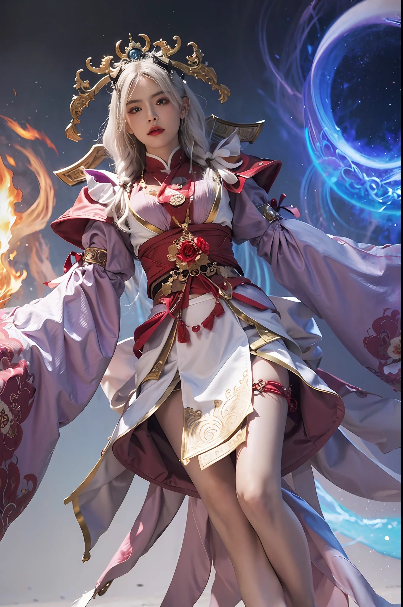 a close up of a woman in a white dress with a long white hair, beautiful celestial mage, full portrait of elementalist, full body xianxia, heise jinyao, onmyoji detailed art, g liulian art style, extremely detailed artgerm, by Yang J, white haired deity, astral ethereal, holy fire spell art, highly detailed, (high detailed skin:1.3), (photorealistic:1.3), ultra-detailed, (high detailed skin:1.2), expressionless, 8k uhd, dslr, soft lighting, high quality, film grain, Fujifilm XT3, best quality, beautiful lighting