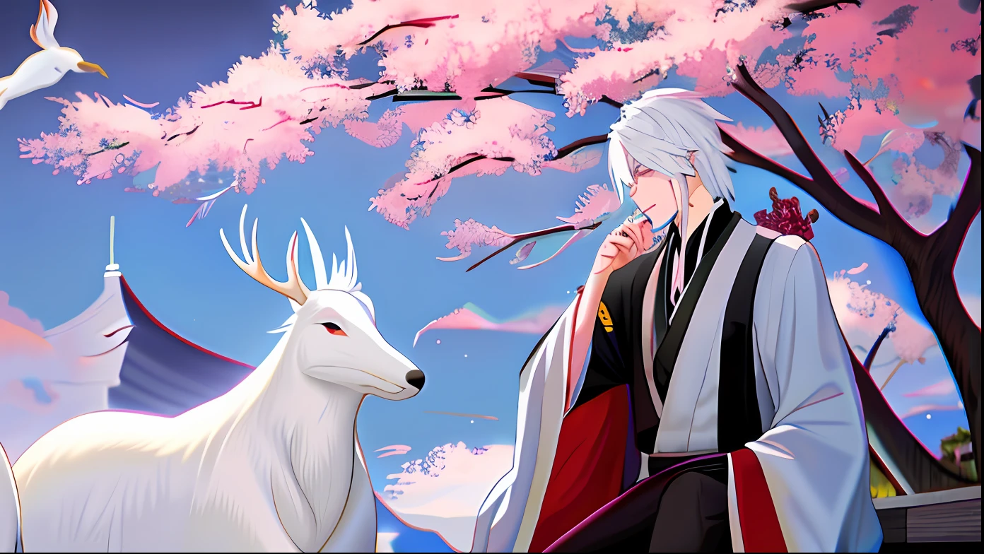 anime big breast, A man in a Zhongshan suit sits on a white deer, White-haired fox, white-haired god, white haired Cangcang, , white fox anime, by Yang J, handsome japanese demon boy, handsome guy in demon killer art, anime beautiful peace scene, natsume yuujinchou, korean art nouveau anime, pin on anime, feudal japan art